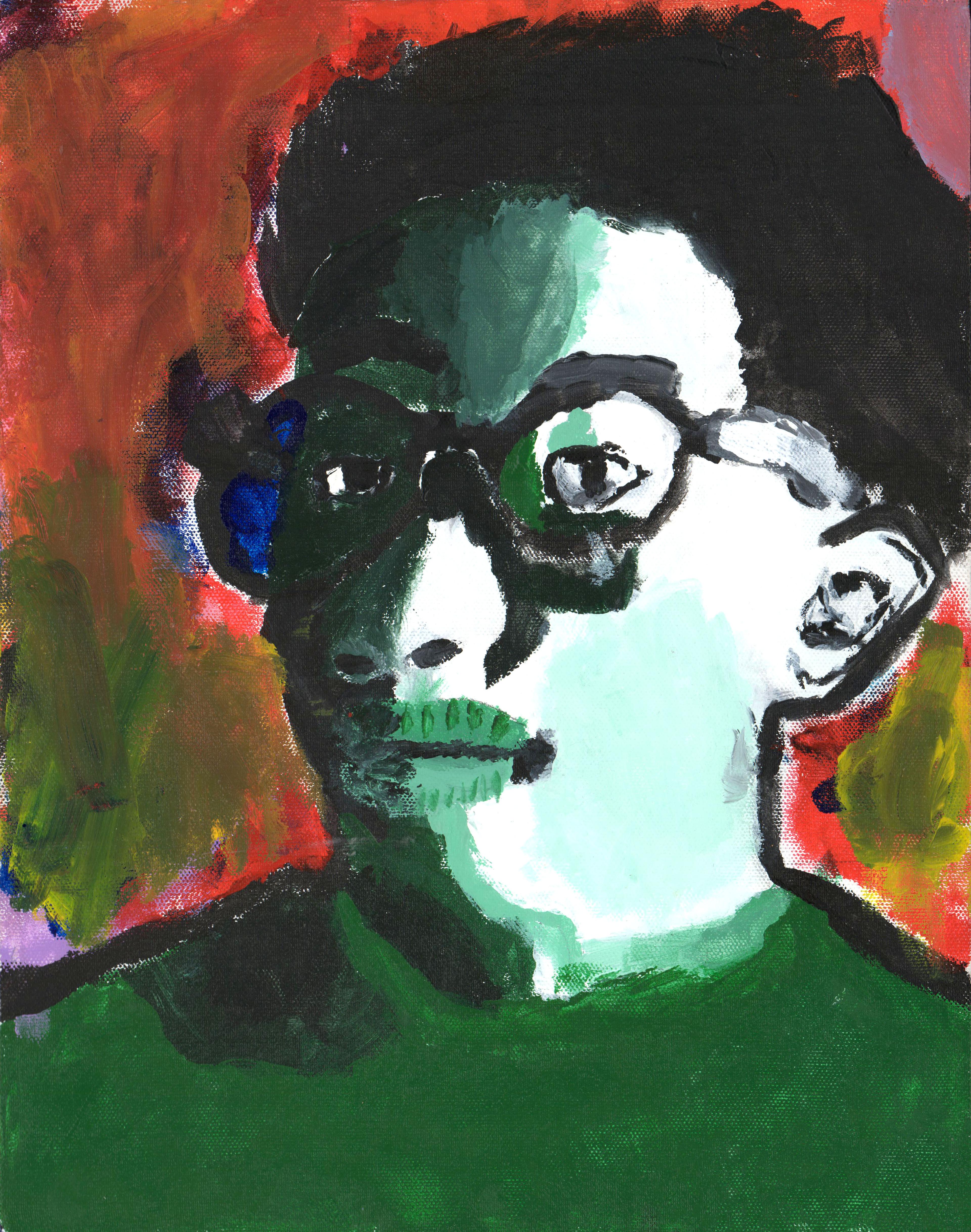Acrylic-on-canvas self-portrait of an adolescent boy facing left but looking at the viewer with his eyes. He has dark, thick hair and black framed glasses. The right side of his face is cloaked in dark green shadow, and the left side of his face is nearly white from bright illumination. He wears a green shirt, and the background is a dark contrasting red, with a green splotch on the left side and a yellow splotch on the right.