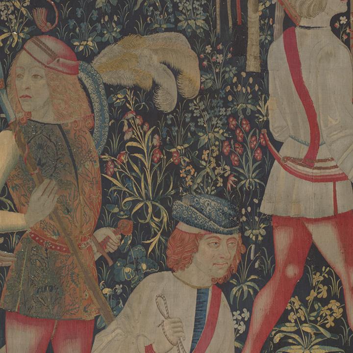 The Hunters Enter the Woods from The Unicorn Tapestries. South Netherlandish, 1495–1505. Wool warp, wool, silk, silver, and gilt wefts.