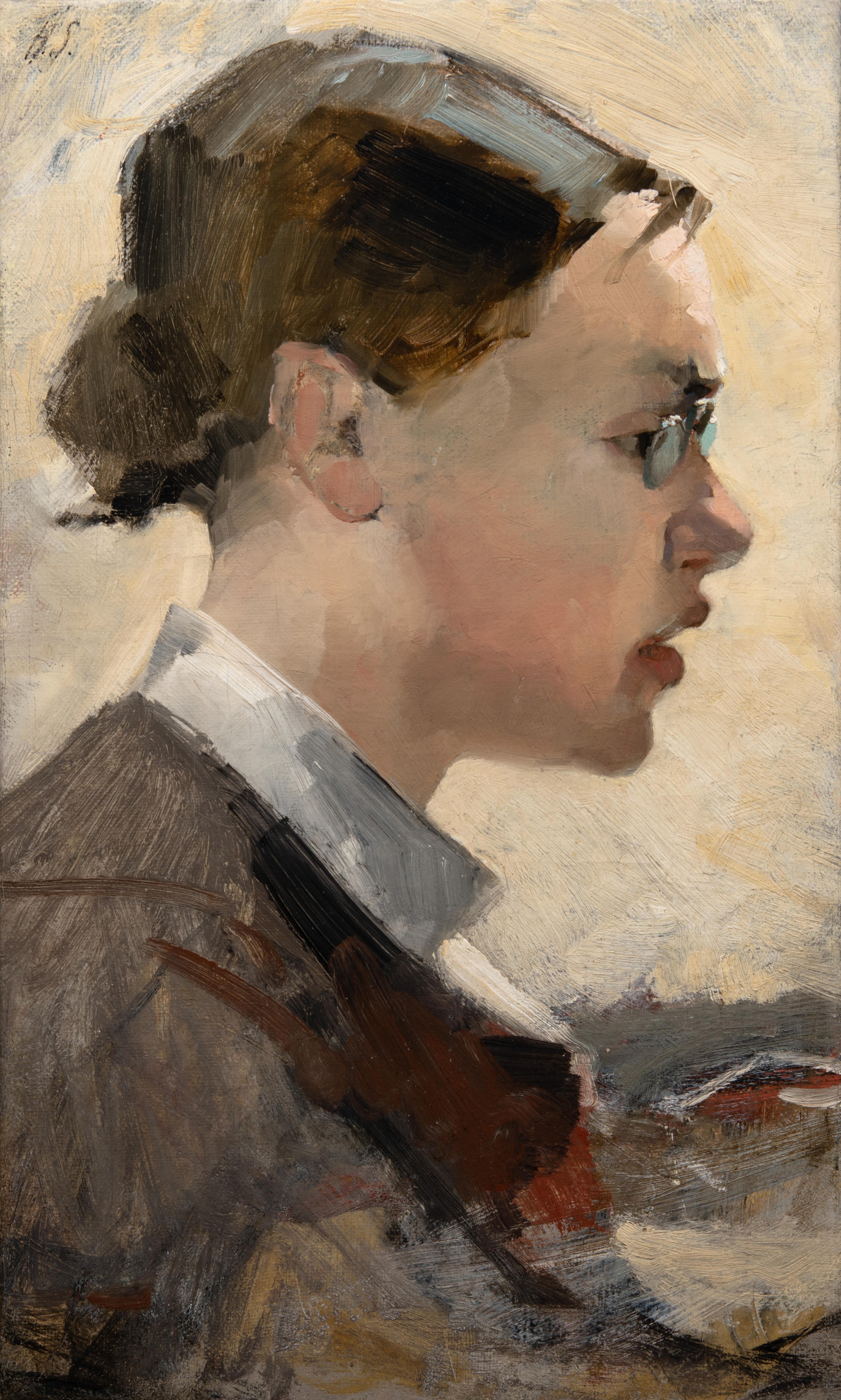Painting of a person in profile with brown hair wearing spectacles.