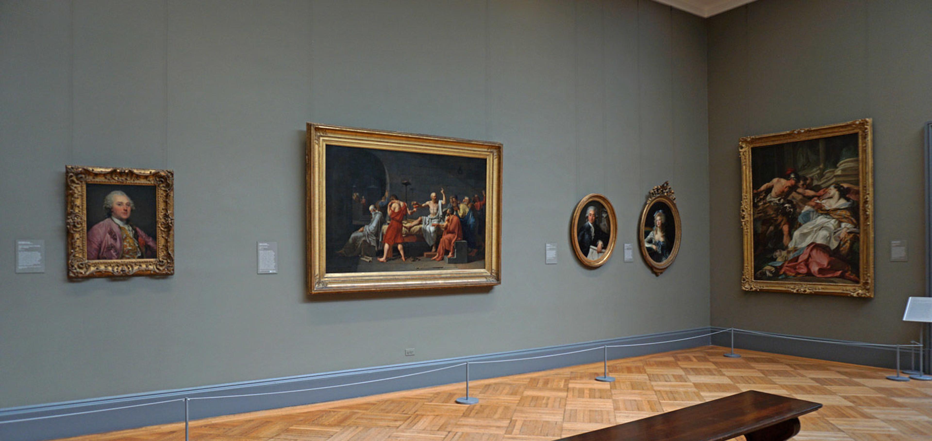 One of The Met's European Paintings galleries, with Jacques Louis David's "Death of Socrates" at the center