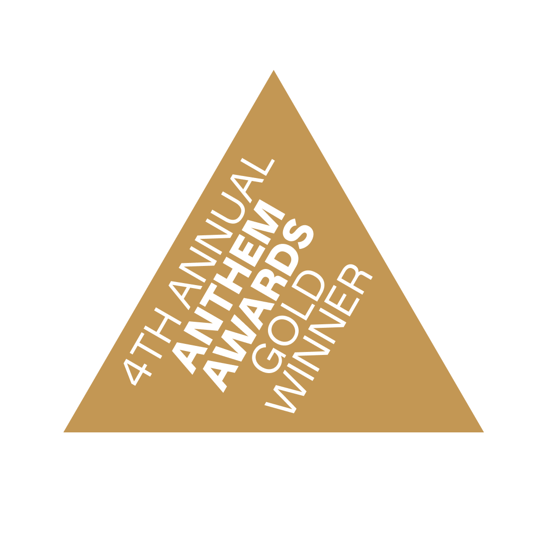 Gold off setting triangle, with bold white letters.