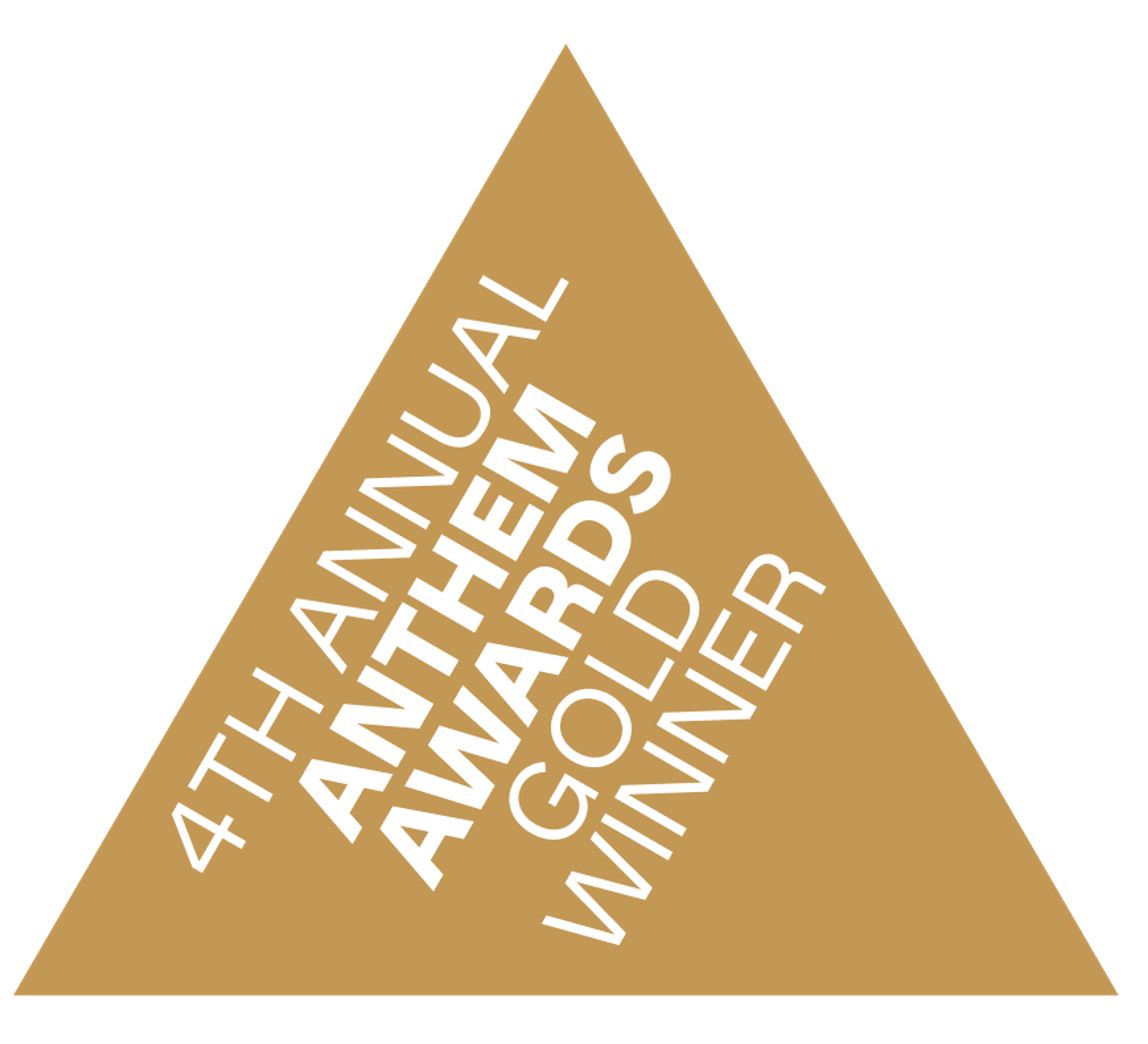Gold off setting triangle, with bold white letters.