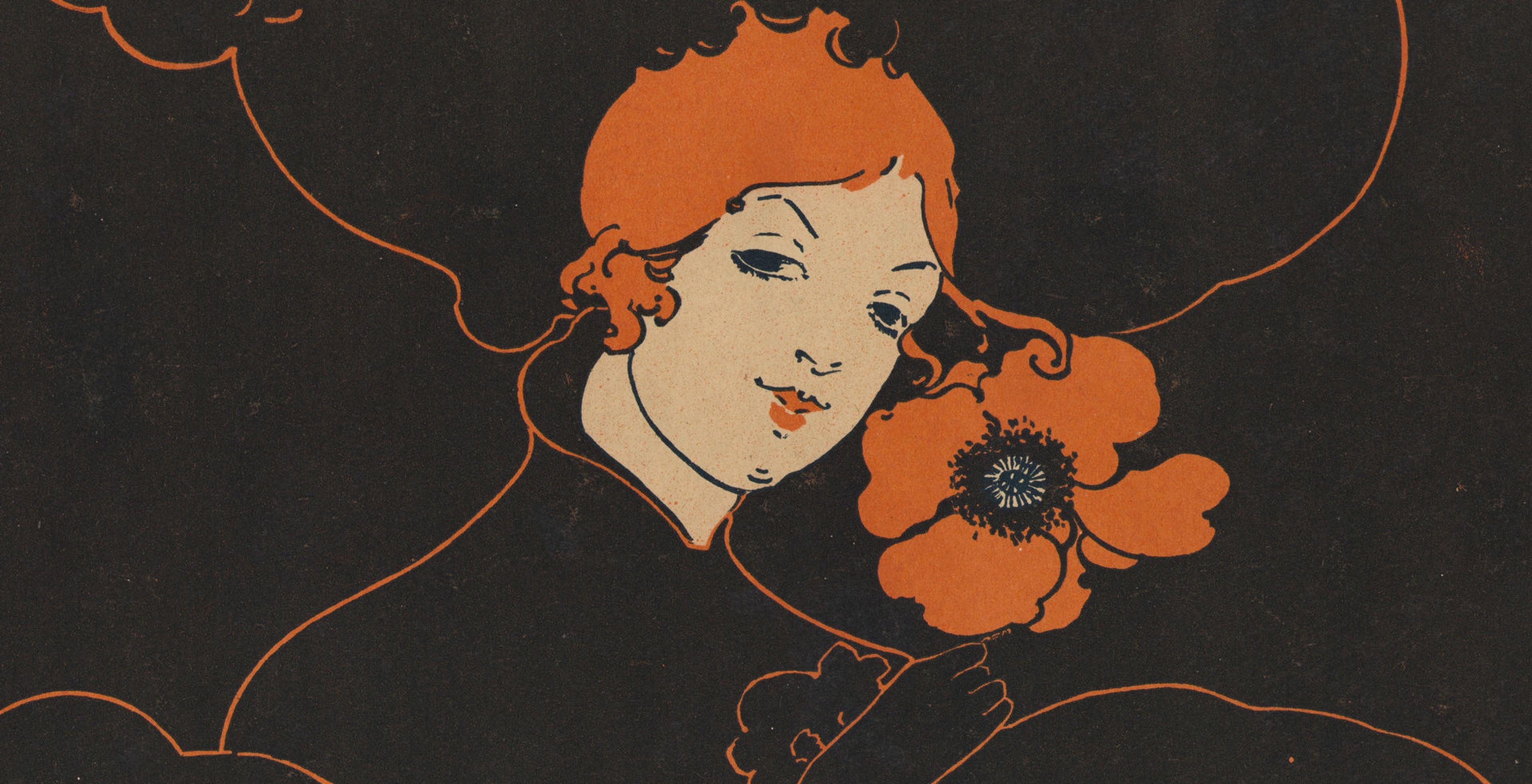 Printed graphic image of a white woman seductively holding a poppy flower. The Woman and the peony are an orange color and the background of the image is black and the woman's dress and hat are created just using orange outlines.