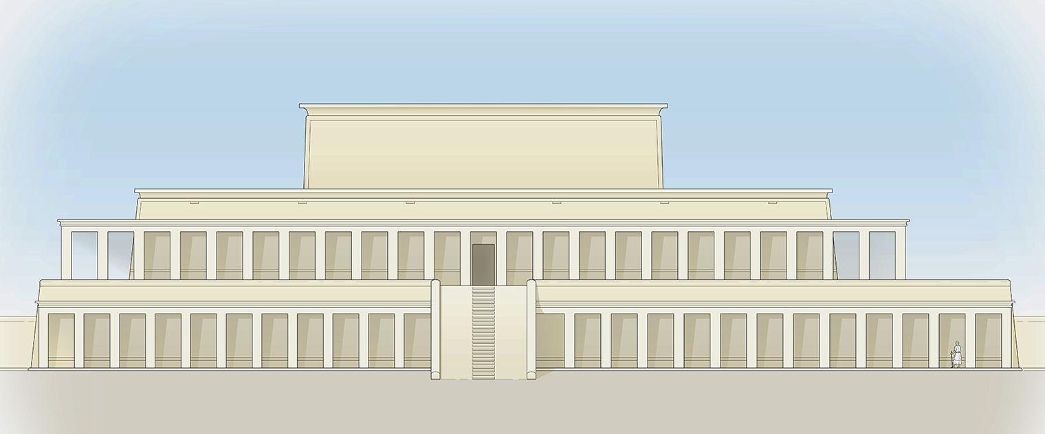 Drawing of a temple with three terraces, with a ramp leading from the ground to the second level. The facade is divided by pilasters.