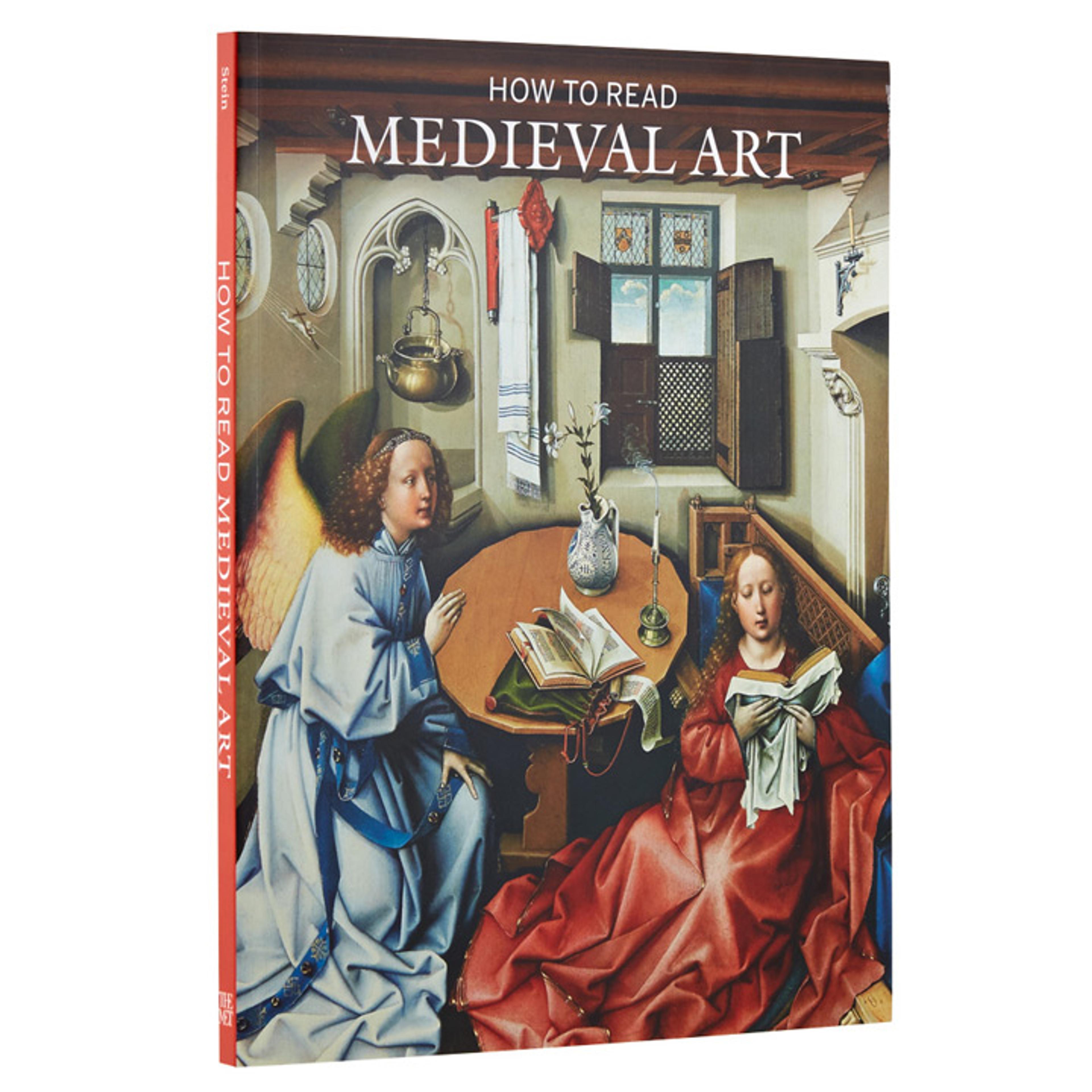 The cover of How to Read Medieval Art depicting the angle Gabriel in a white robe reaching toward Mary, who wears a red dress and sits on the ground