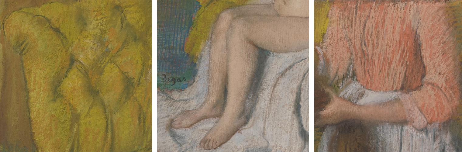 Detail views from Woman Having Her Hair Combed, included the plush chartreuse couch, the woman's bare legs, and the pink of the second woman's blouse