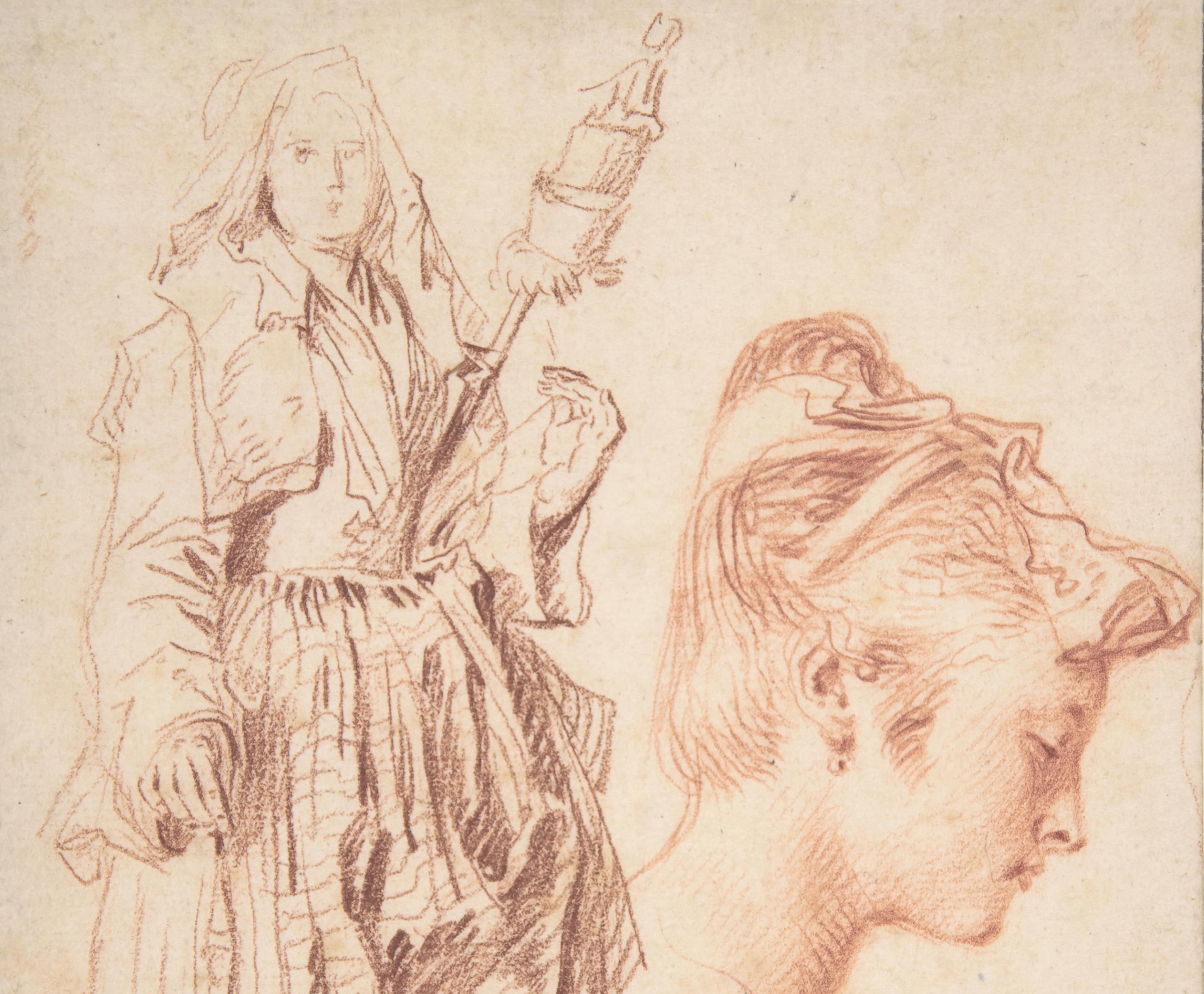 A sketch in red chalk of a woman in robes holding a staff beside a sketch of an elegant-looking woman's face in profile.