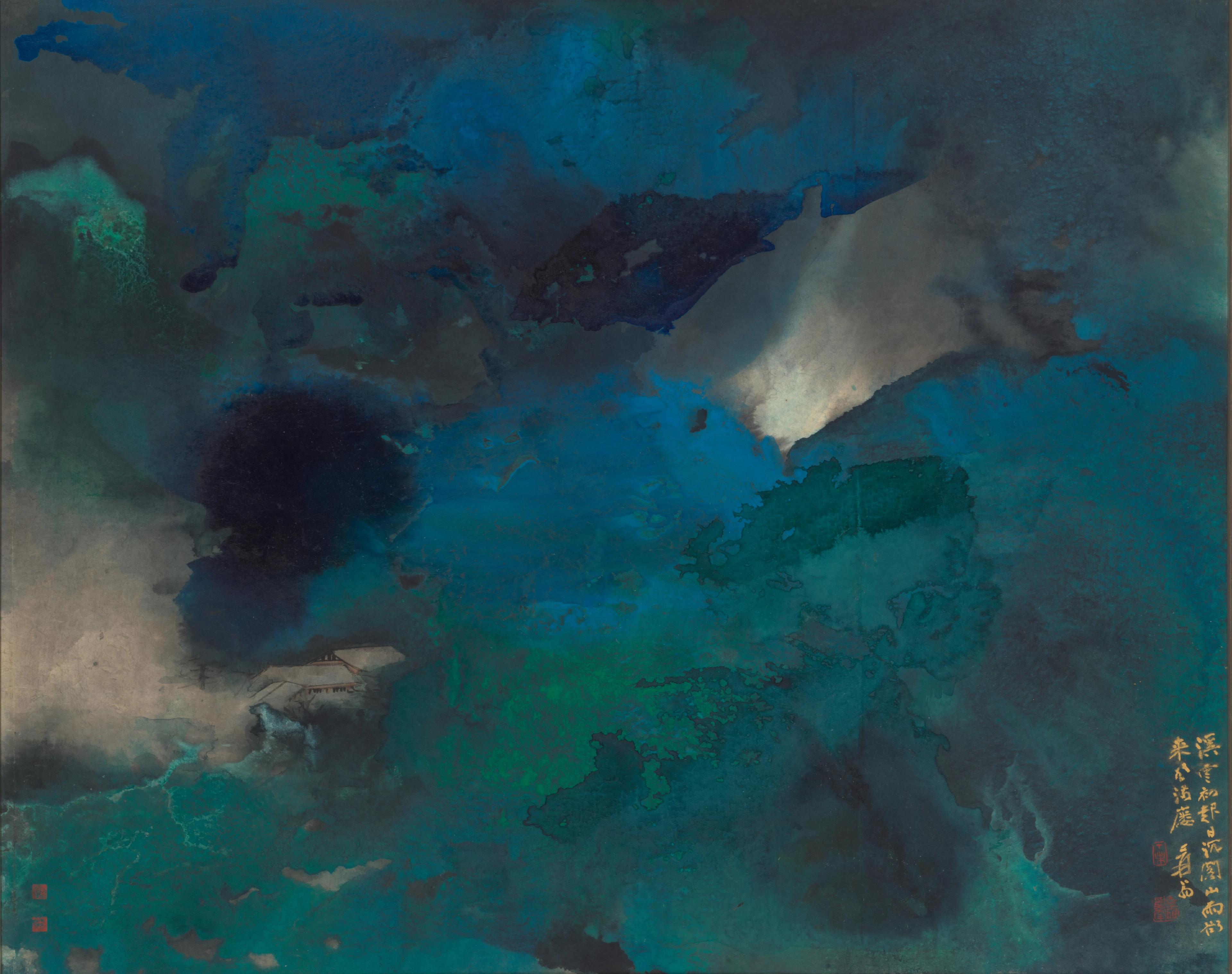 : an abstract landscape in deep blues and greens, with swirling splashed-ink clouds gathering over a small pale rooftop nestled at lower left. Vertical calligraphic inscription and red seals in the lower right.