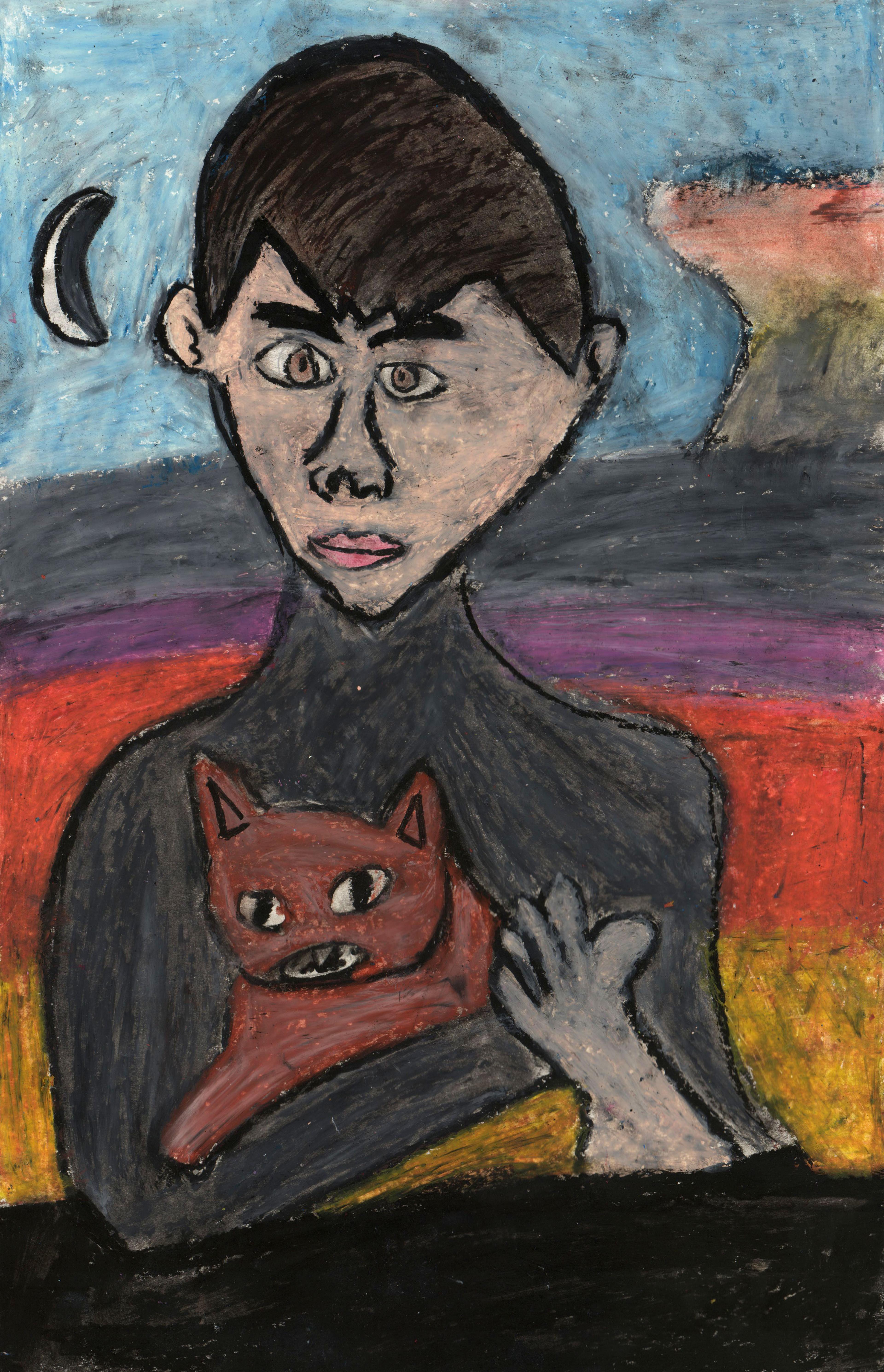 Oil pastel self-portrait of a dark haired boy wearing a black turtleneck shirt, facing the viewer and holding a brown cat in his arms who also faces the viewer. The boy leans over a black table top. The background changes color from bottom to top, shifting from yellow to red, a thin band of violet, then a thick band of black, with a tall brown cliff in the distance to the right and a crescent moon in the pale blue sky to the left. 