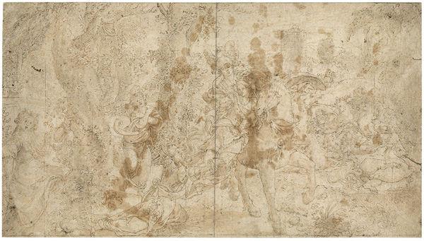 Pieter Coecke van Aelst (Netherlandish, 1502–1550) | A Horseman Abducting a Woman in a Landscape with a Battle, ca. 1530 | Hamburger Kunsthalle (23989)