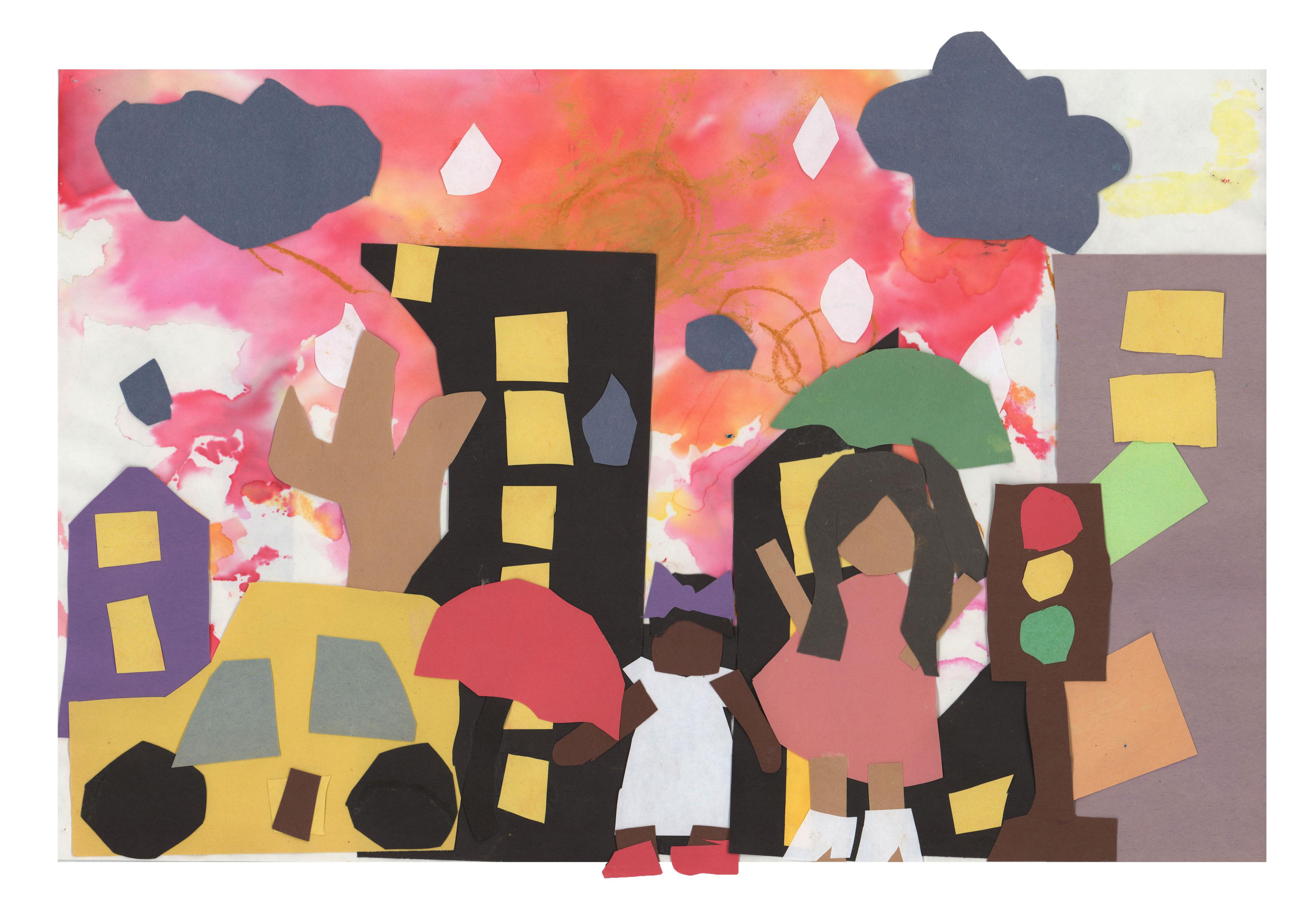 Mixed-media collage of a small girl in a white dress standing and holding a red umbrella. To the right stands an adult woman in a pink dress, holding a green umbrella over her head. A yellow car drives to the left, away from the girl. A red, yellow, and green traffic light pole stands to the right of the woman. Purple, black, and gray tall buildings with yellow windows rise in the background beneath a red sky with dark gray clouds and large white falling raindrops.
