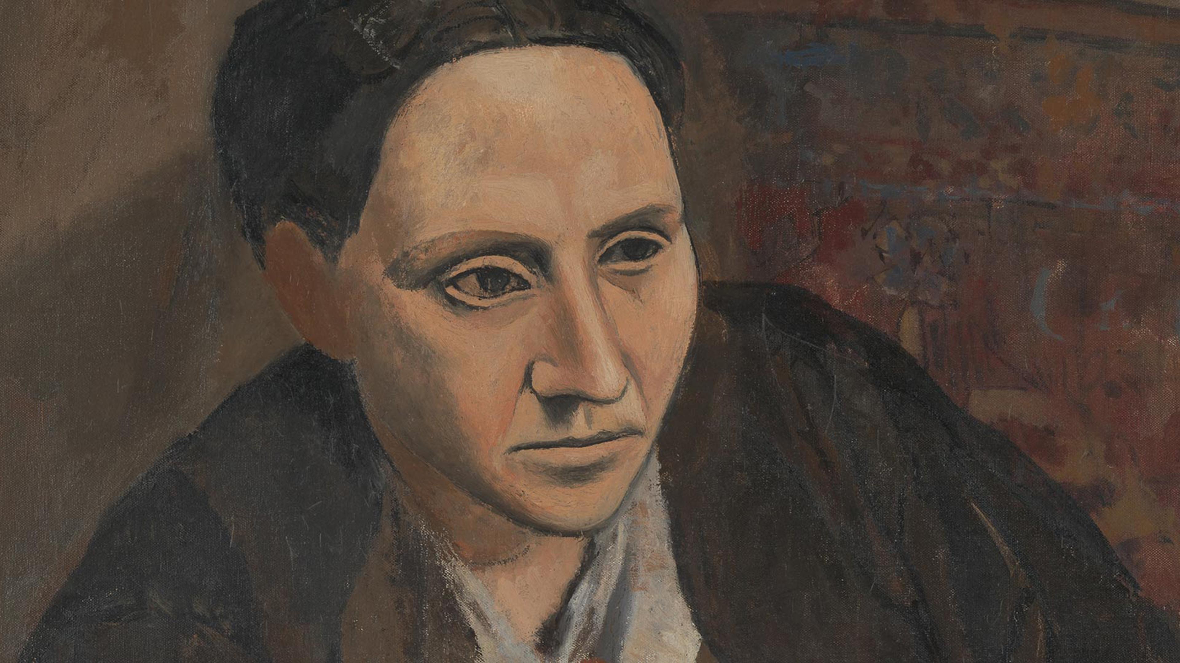 Detail of portrait showing the face of a dark-haired woman, Gertrude Stein, wearing dark brown against a brown background