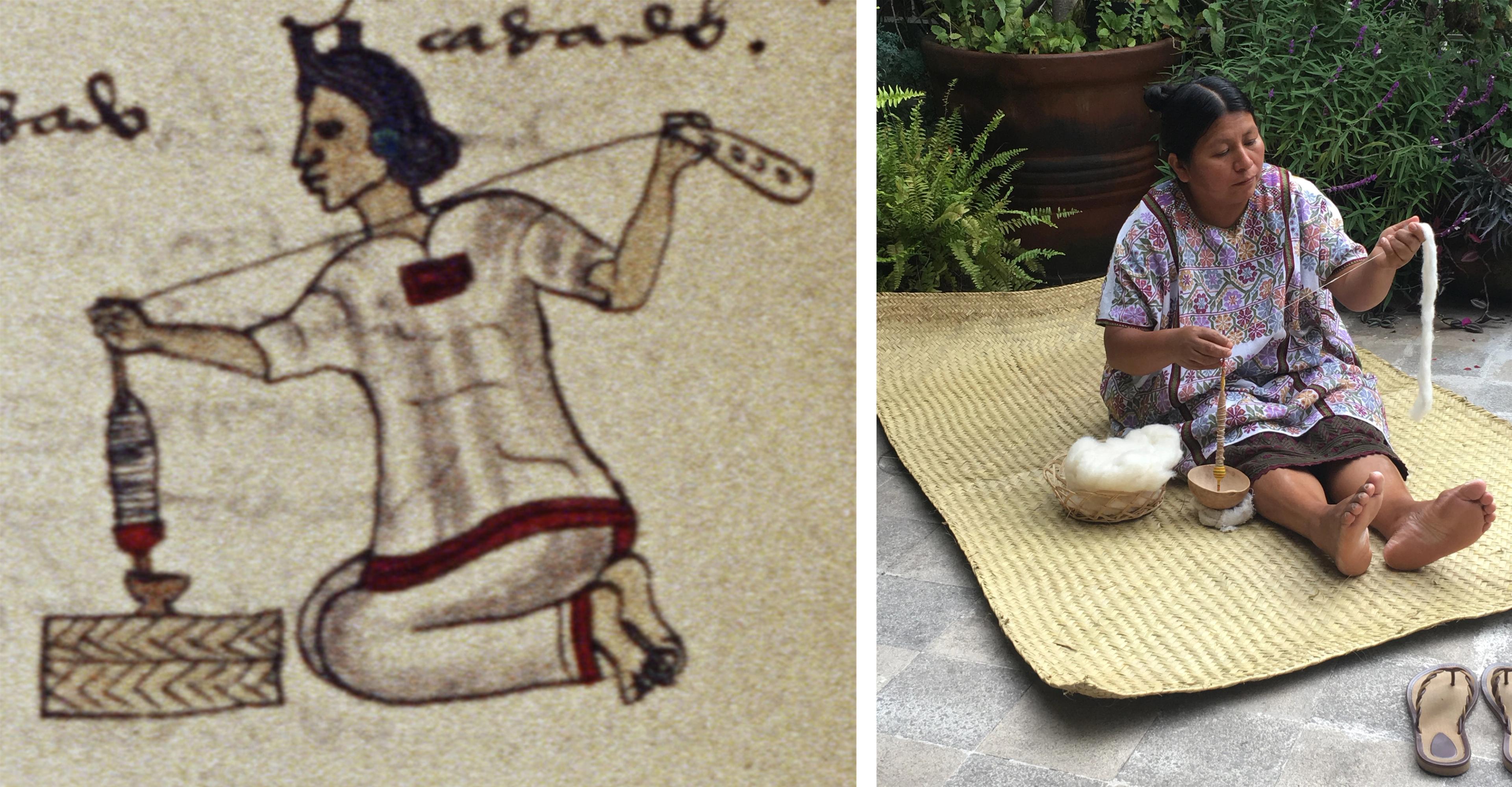 On the left, an illustration of a woman spinning cotton. On the right, a photo of a woman sitting on a mat and spinning cotton.