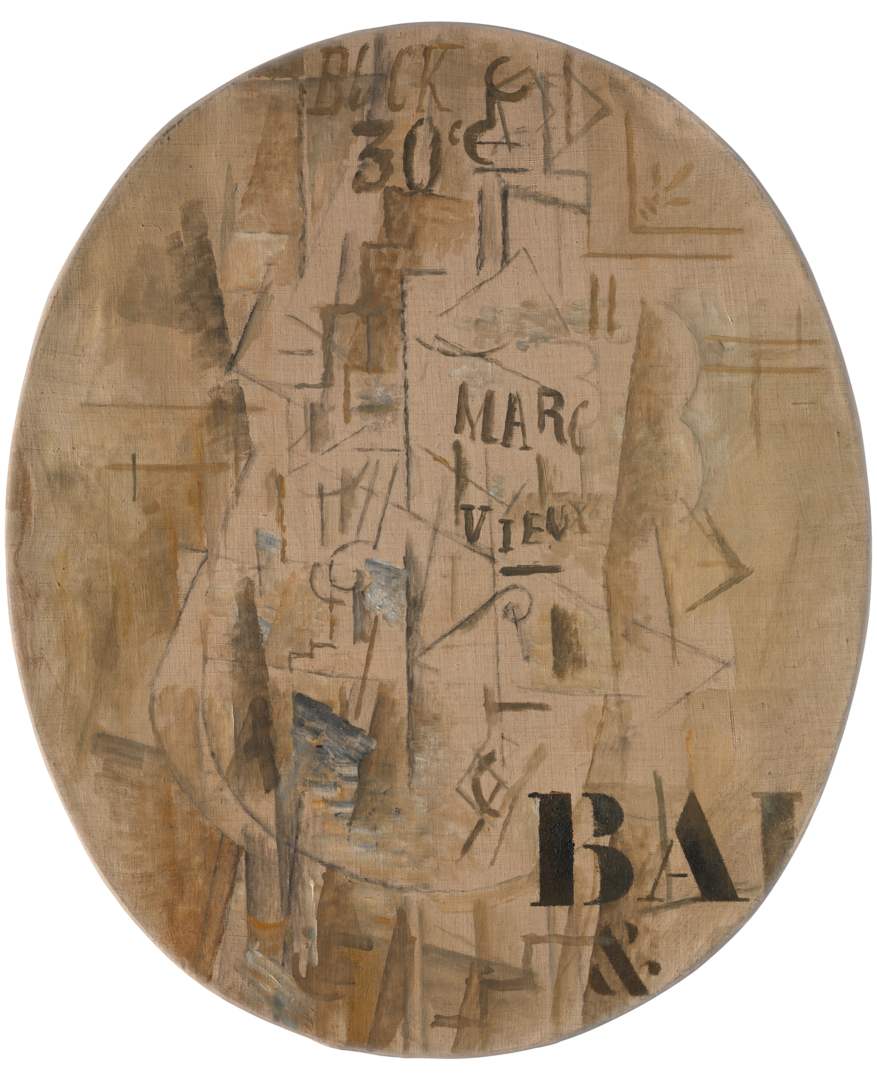Oil and charcoal painting of brown-toned cubist take on a bar or café interior with the tall shape at the center identified as a bottle of “Marc Vieux” brandy