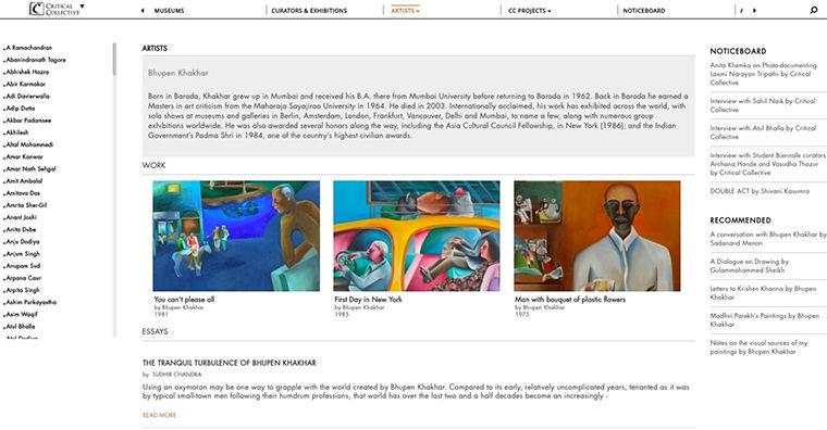 An artist-level display, featuring a biographical summary, images, and essays, from Critical Collective