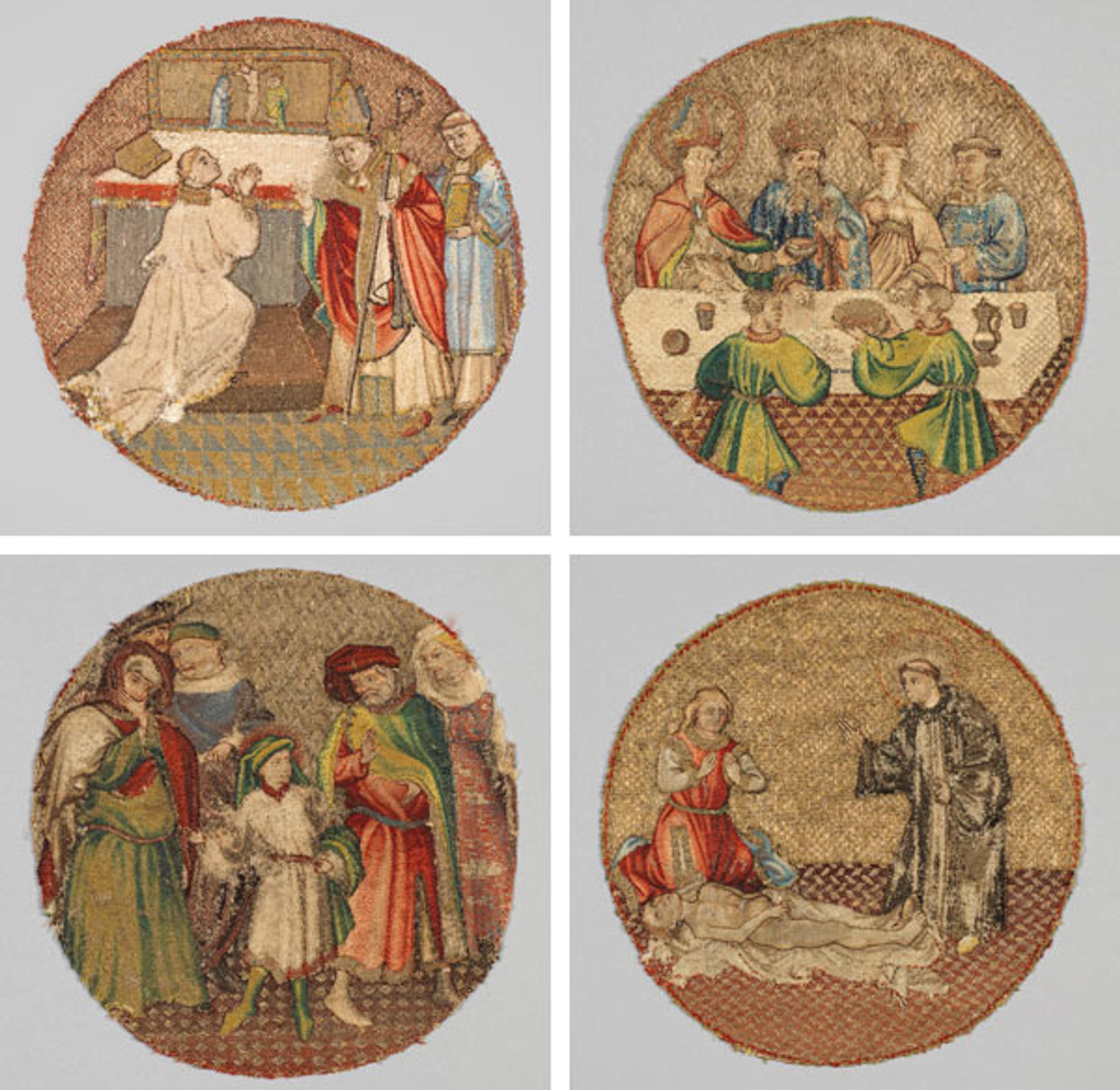 Banner image: Top left: Saint Martin and Saint Hilary, 1430–35. Flanders. Linen plain weave underlaid with linen plain weave (two layers) and embroidered with silk and gilt-metal-strip-wrapped silk in single satin, split, and stem stitches, laid work, and couching, including or nué; Diameter (above measurement of mount opening): 6 1/2 in. (16.5 cm). The Metropolitan Museum of Art, New York, Gift of Robert Lehman, 1975 (1975.1.1908). Top right: Saint Martin Offering the Wine Cup to the Priest, 1430–35. Flemish. Linen plain weave underlaid with linen plain weave (two layers) and embroidered with silk and gilt-metal-strip-wrapped silk in single satin, split, and stem stitches, laid work, and couching, including or nué; Diameter (above measurement of mount opening): 6 1/2 in. (16.5 cm). The Metropolitan Museum of Art, New York, Gift of Robert Lehman, 1975 (1975.1.1907). Bottom left: Saint Martin Announcing to His Parents That He Will Become a Christian, 1430–35. Flemish. Linen plain weave underlaid with linen plain weave (two layers) and embroidered with silk and gilt-metal-strip-wrapped silk in single satin, split, and stem stitches, laid work, and couching, including or nué; Diameter (above measurement of mount opening): 6 1/2 in. (16.5 cm). The Metropolitan Museum of Art, New York, Gift of Robert Lehman, 1975 (1975.1.1909). Bottom right: Saint Martin Brings a Dead Man to Life, 1430–35. Flemish. Linen plain weave underlaid with linen plain weave (two layers) and embroidered with silk and gilt-metal-strip-wrapped silk in single satin, split, and stem stitches, laid work, and couching, including or nué; Diameter (above measurement of mount opening): 6 1/2 in. (16.5 cm). The Metropolitan Museum of Art, New York, Gift of Robert Lehman, 1975 (1975.1.1906)