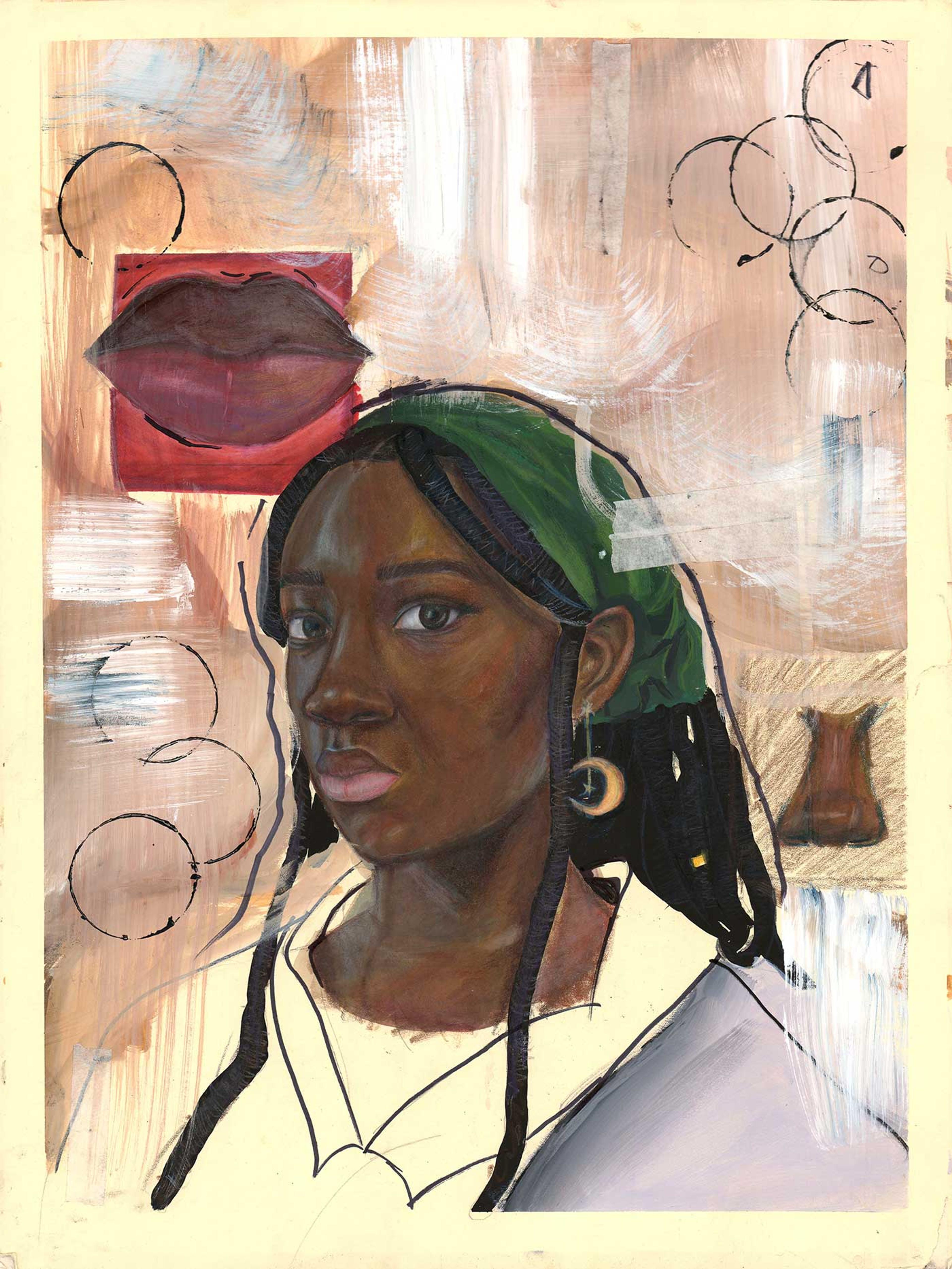 Drawing of a young girl wearing a white shirt and a green hair scarf.