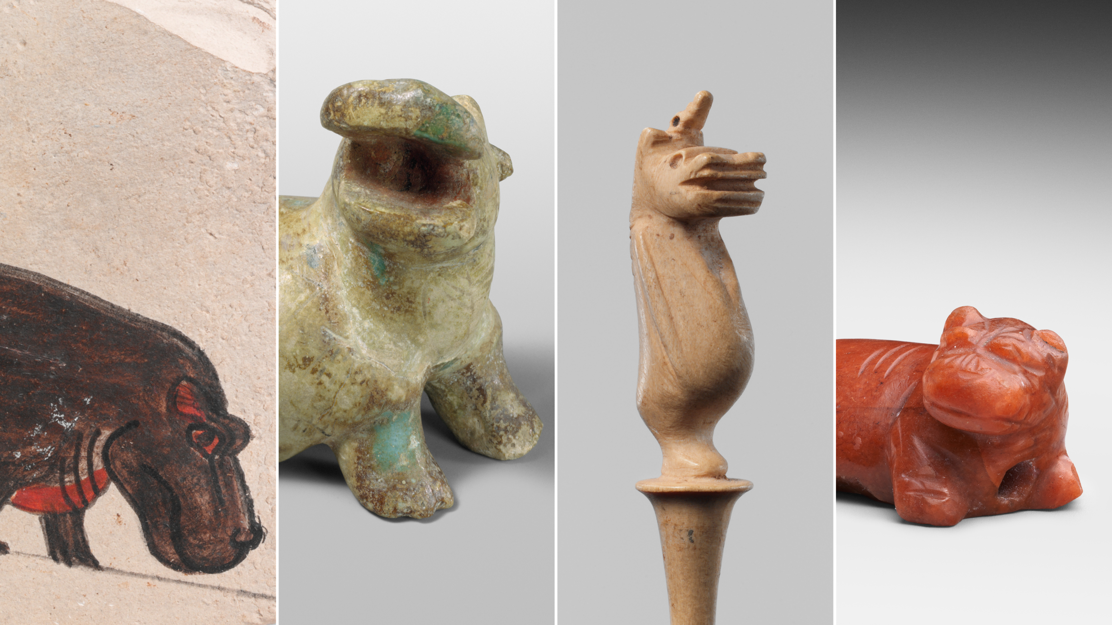 Four images of hippos heads: three are carved from stone and is one painted. 