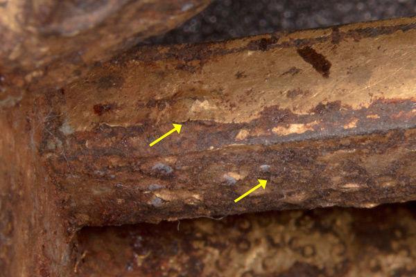 Microscopic view of gold-wire damascening lifting due to underlying iron corrosion (top arrow) and of iron-corrosion accumulation over gold damascening (bottom arrow)