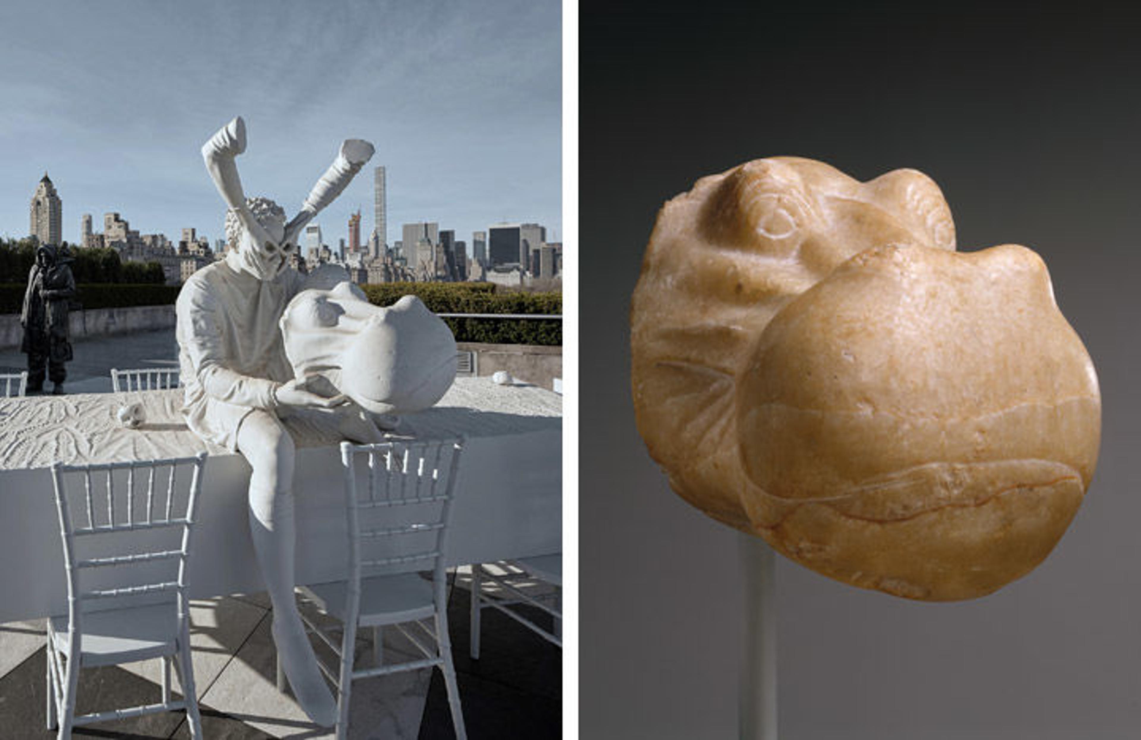 Left: View of Adrian Villar Rojas's Theater of Disappearance on The Met's Cantor Roof Garden. Right: sculpture of a head of a hippopotamus from Ancient Egypt