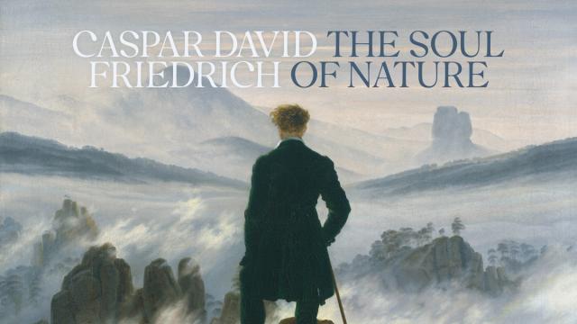 Painting of two standing together, looking at the moon before a leaning tree.