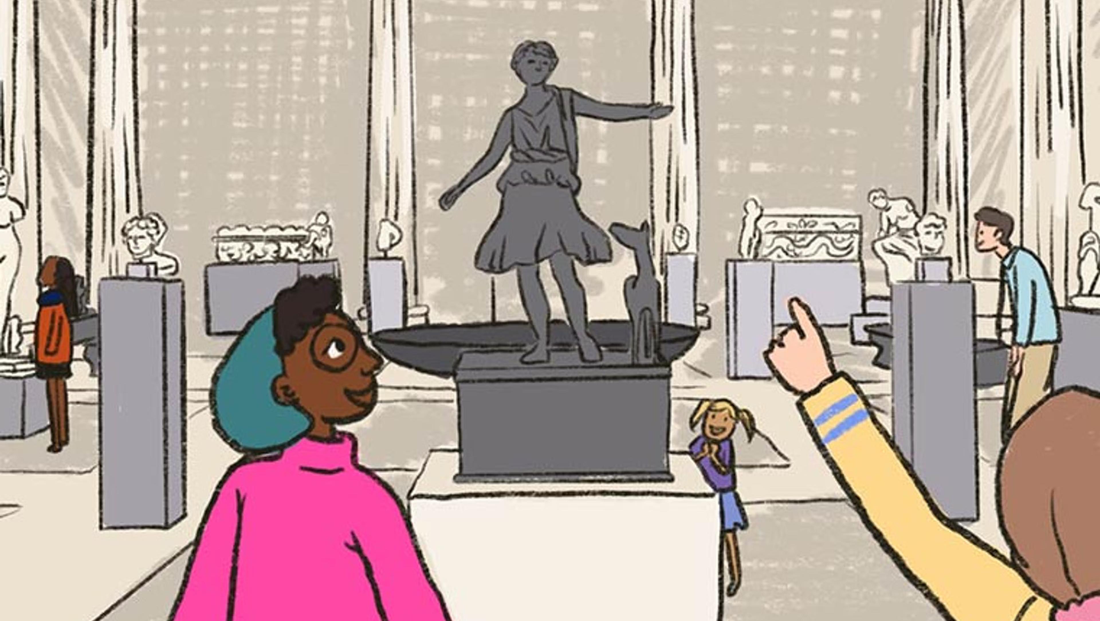 A drawing of a girl in The Met's Greek and Roman art gallery admiring a Roman statue of a young man in a toga standing beside a dog.