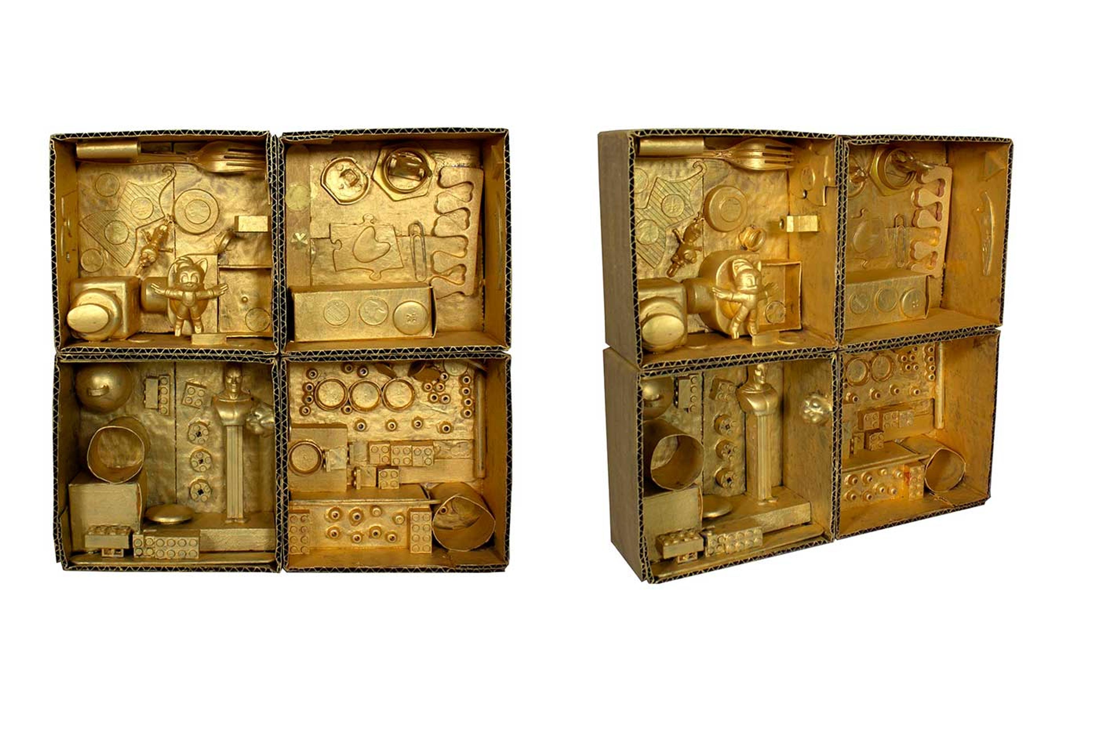 Work featuring objects glued together and painted gold.