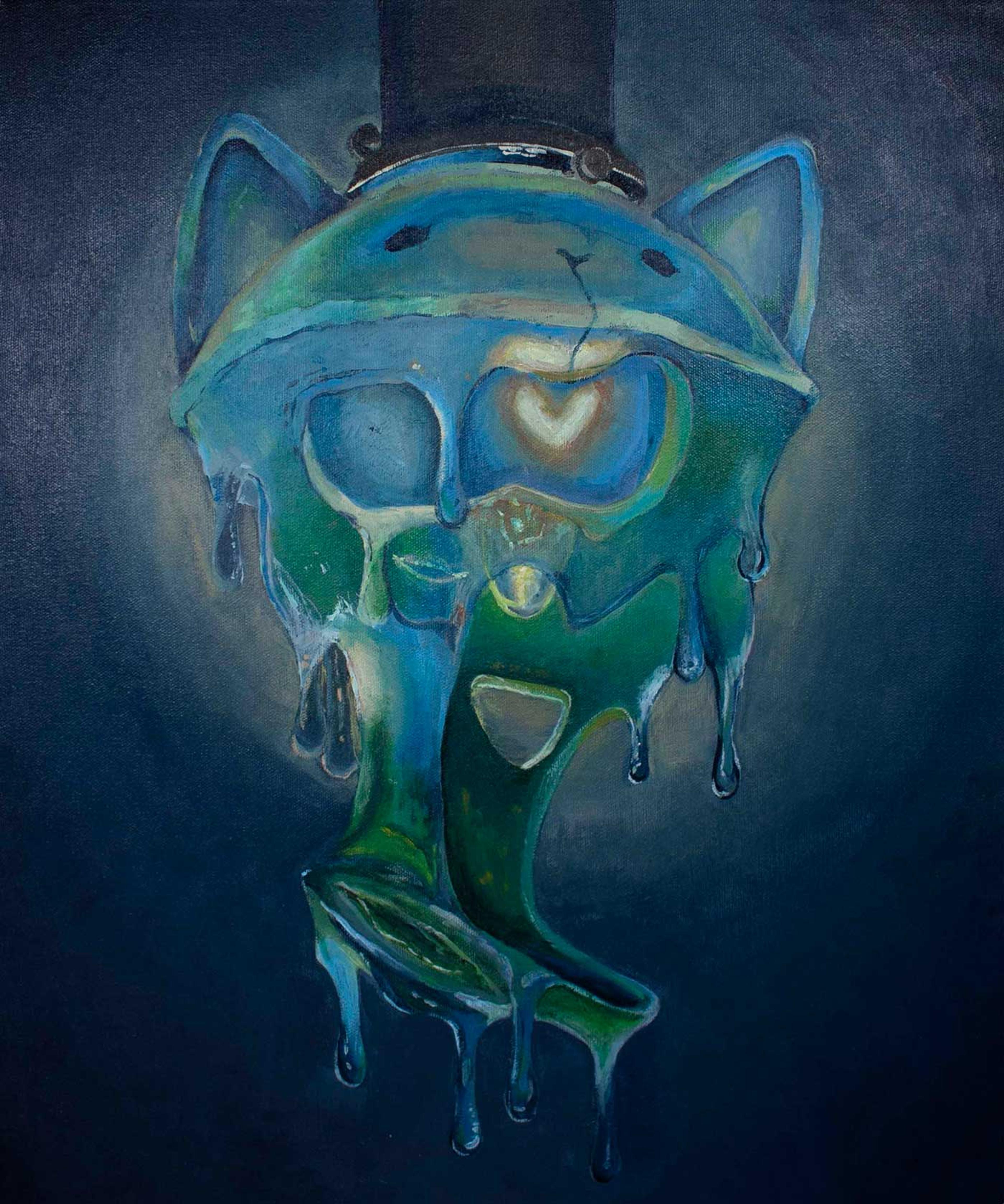 Painting of a glowing, broken lamp with cat ears.