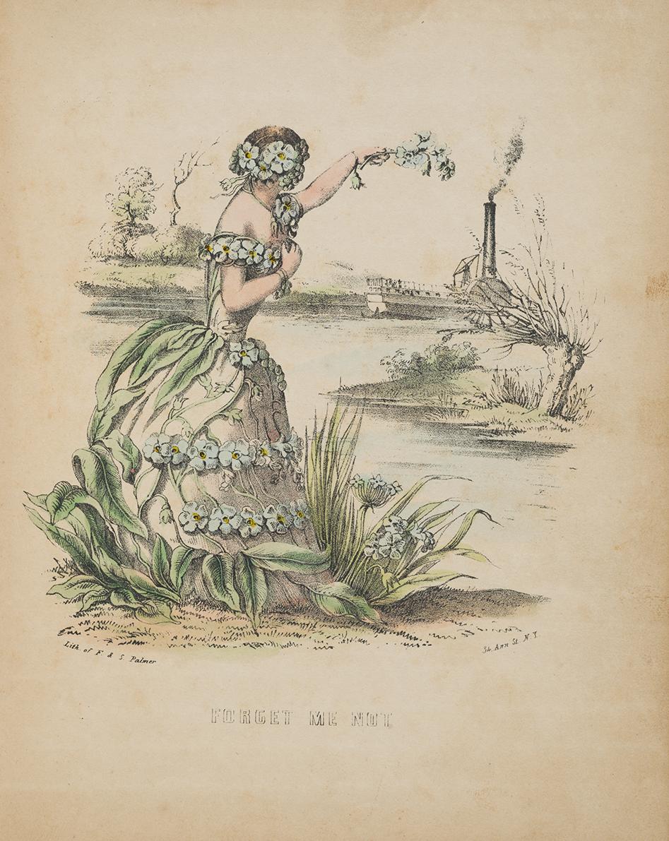 Lithograph of a woman in a floral gown as a personified forget me not waves farewell to a steamship in the distance.