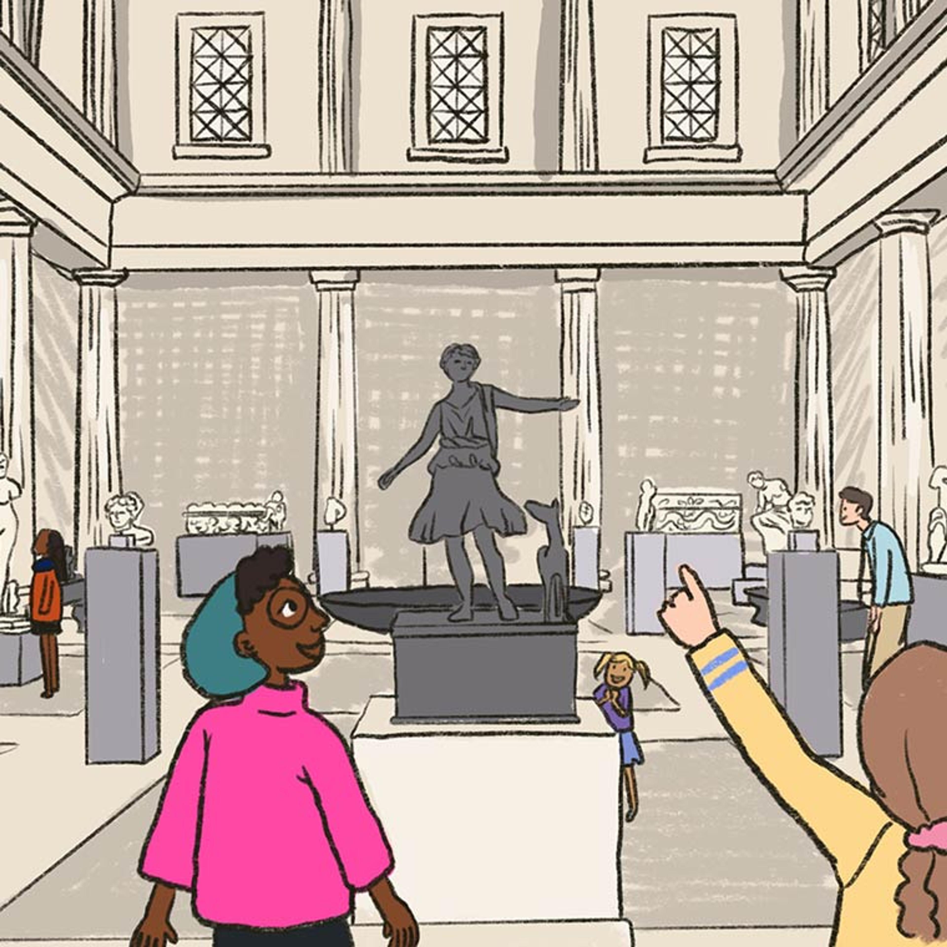 A drawing of a girl in The Met's Greek and Roman art gallery admiring a Roman statue of a young man in a toga standing beside a dog.