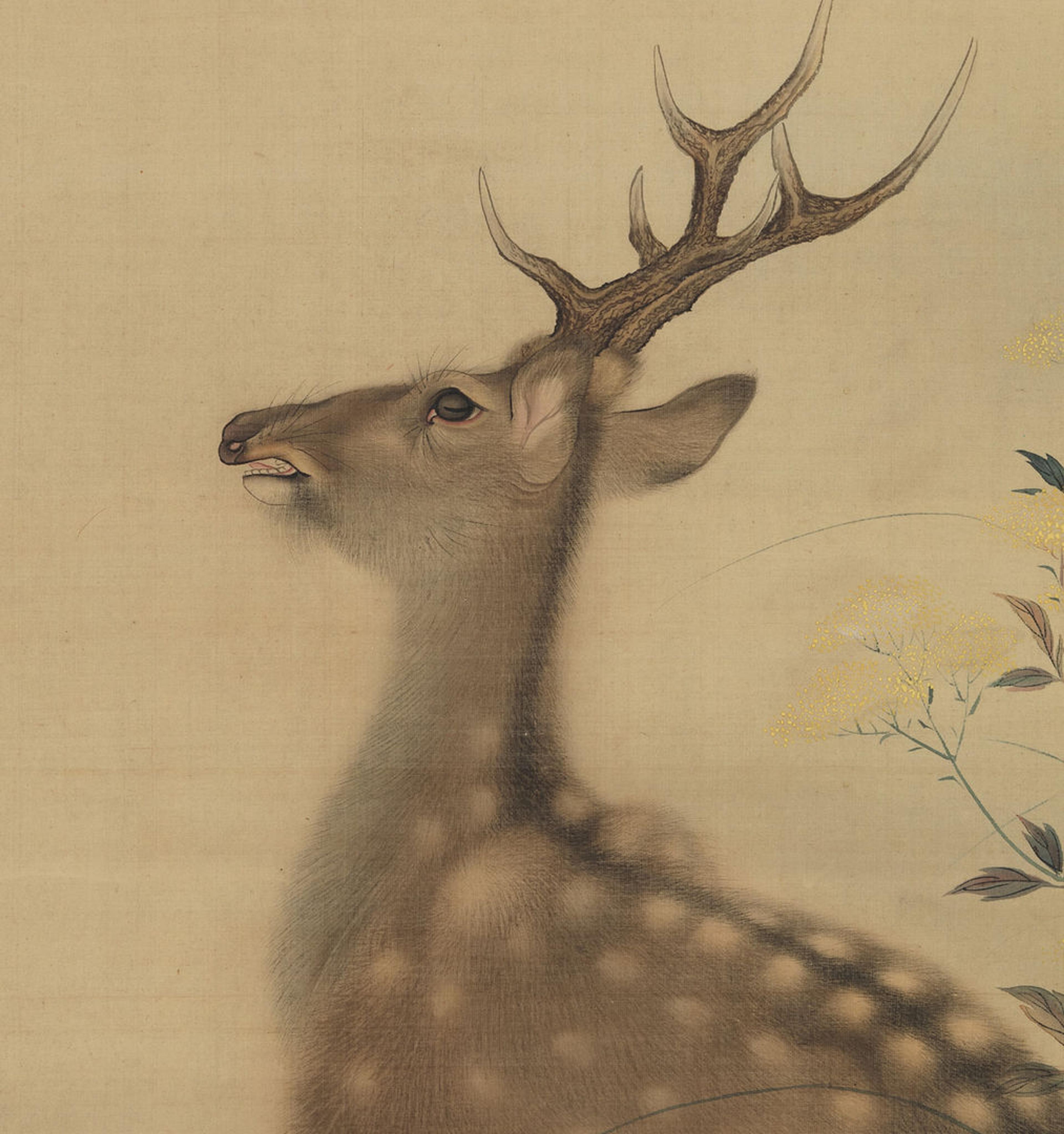 Detail of painting showing stag amidst autumn flowers