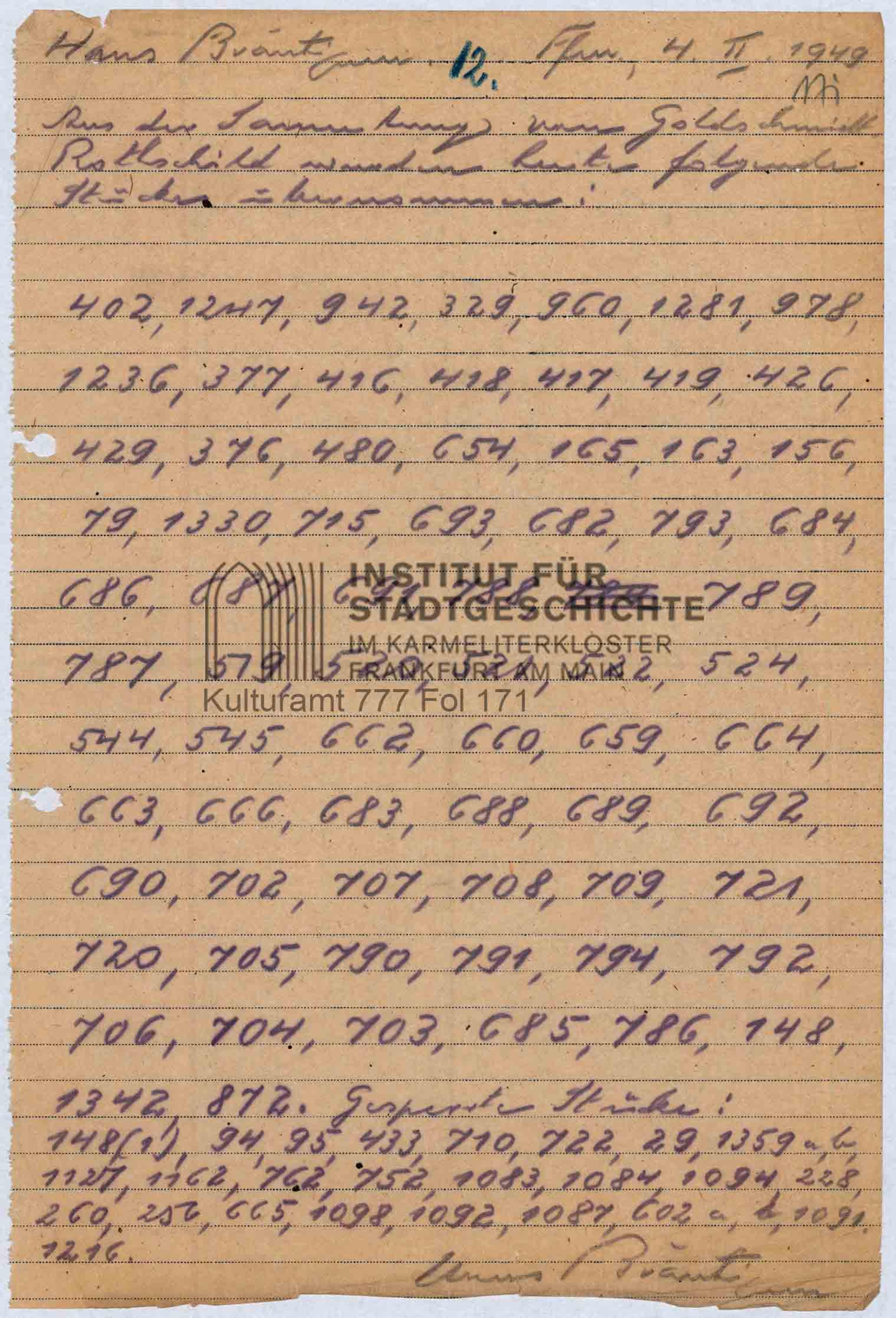 A piece of paper with rows of numbers written on it