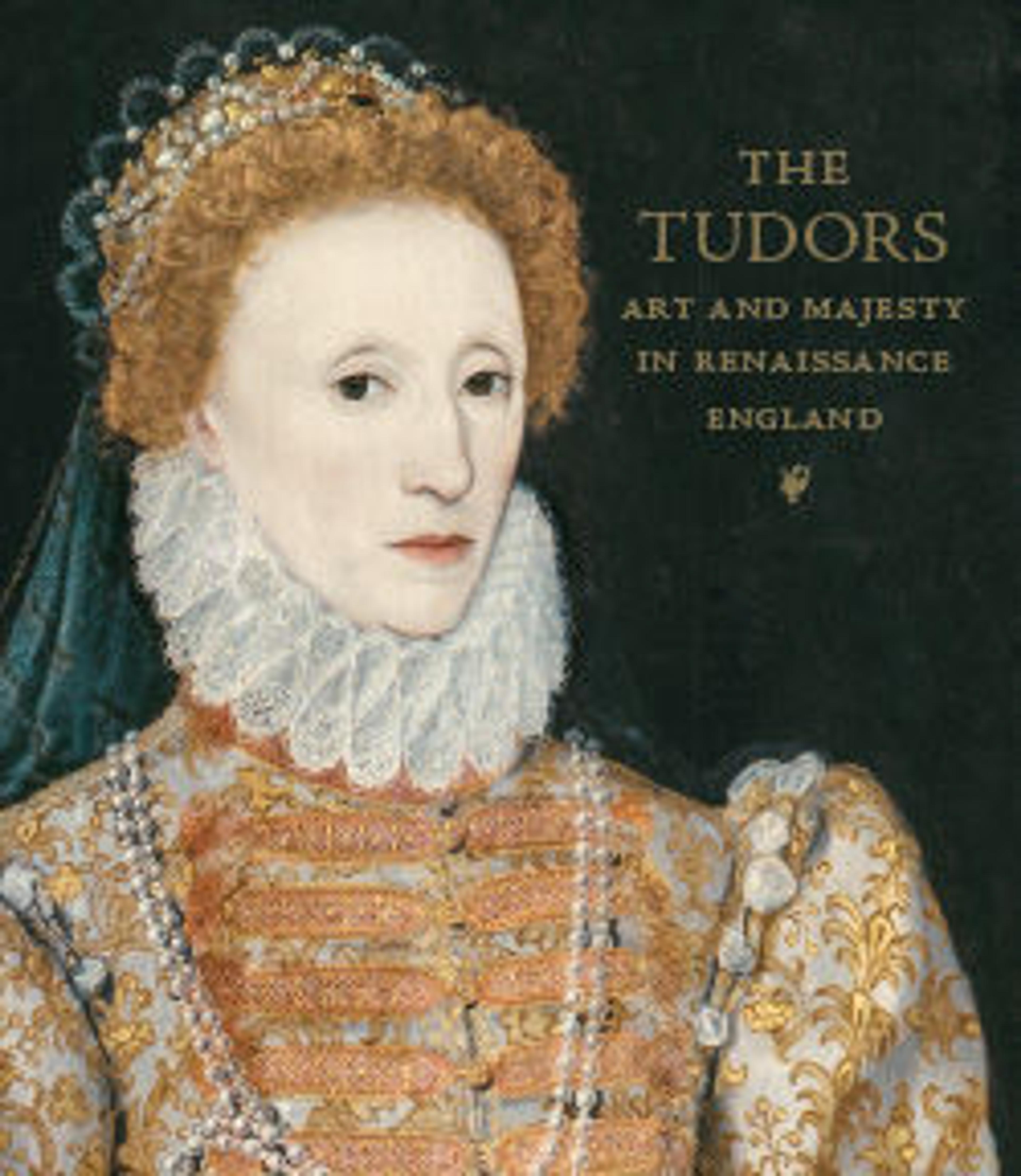 a woman with light skin tone and red hair adorned in pearls, wearing an ornate gold embroidered outfit with a high lace collar