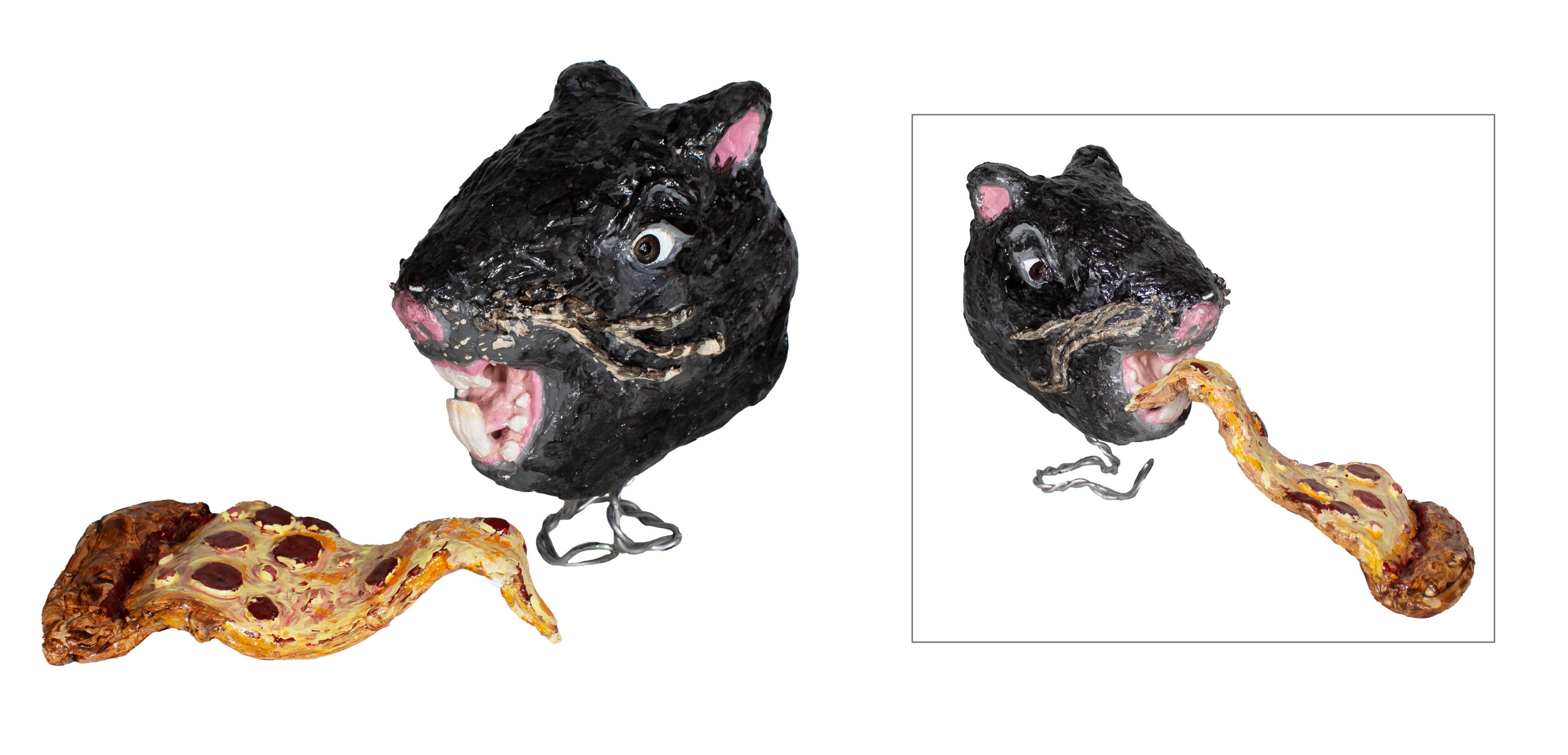 Papier mâché–and–Model Magic sculpture of a black rat's head with opened mouth shown to the right and rear of a curled slice of pepperoni pizza. The rat's head and pizza are shown again at a different angle in another photo on the right, with the tip of the pizza slice entering the rat's mouth.