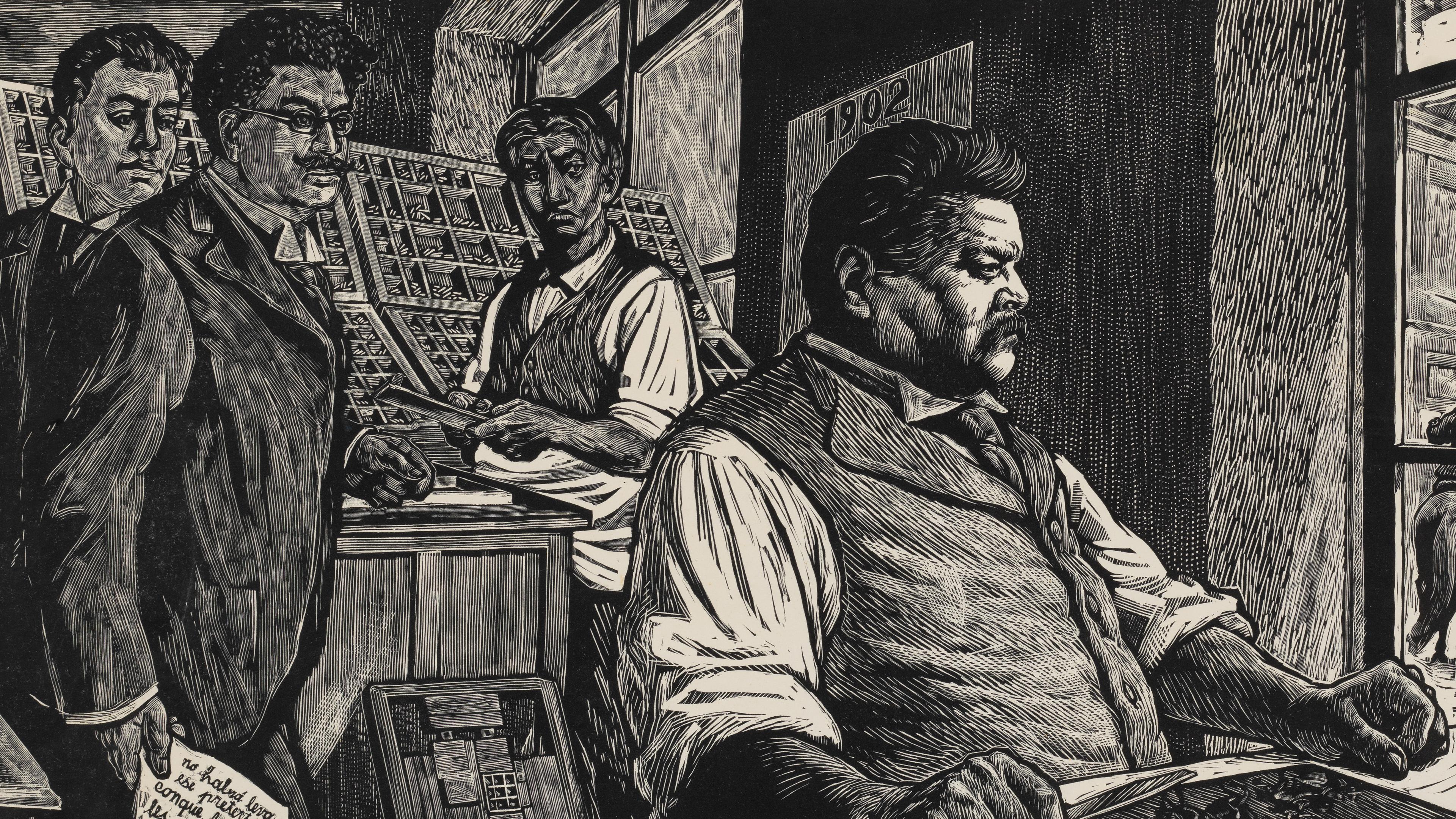 Black and white sketch, of a man sitting at a desk, with others loooking over his shoulders.