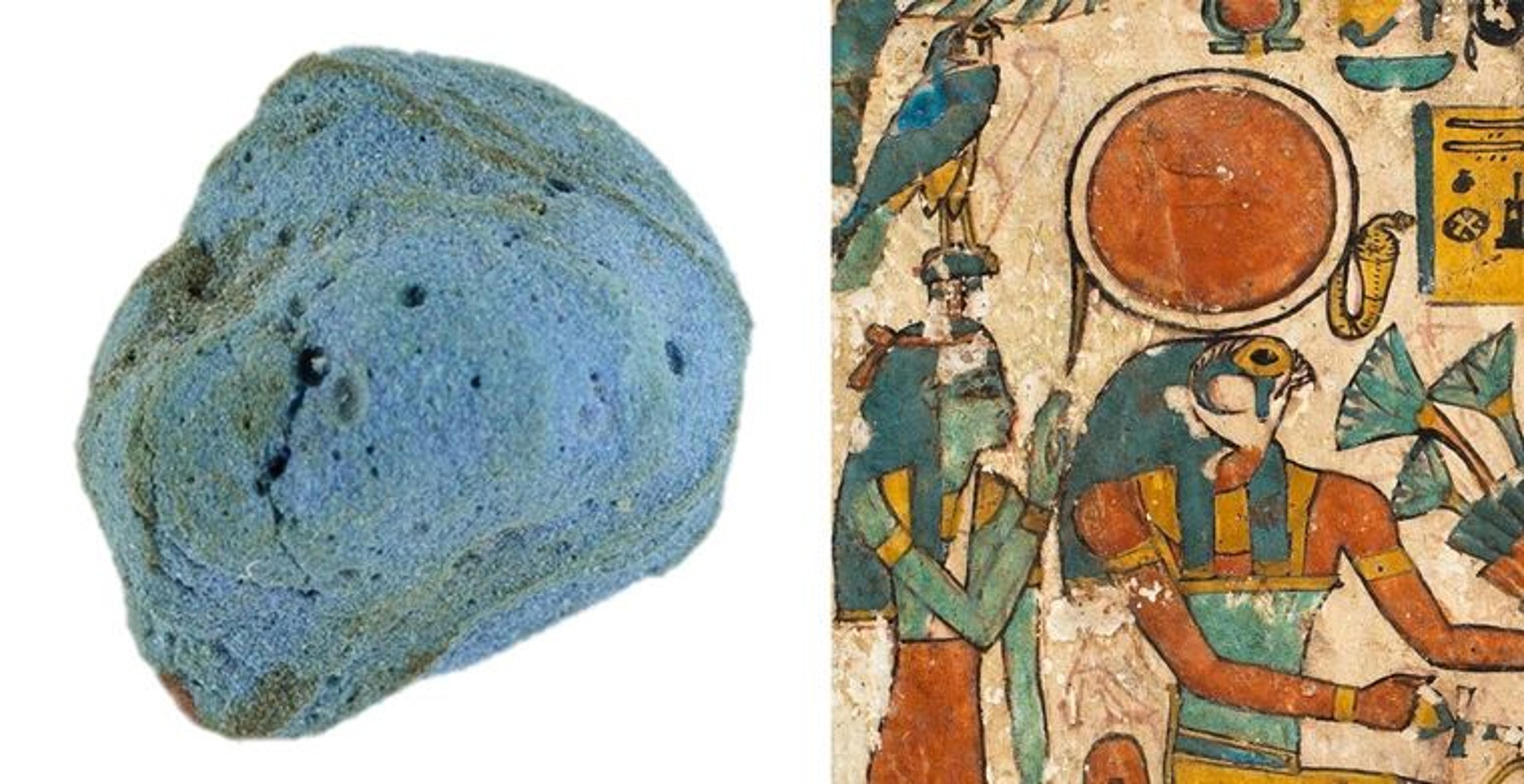 Left: a blue lump of paste. Right: a detail of ancient Egyptian painting of a falcon-headed god receiving a plate of snake and a bull head while a woman with a falcon stands behind.