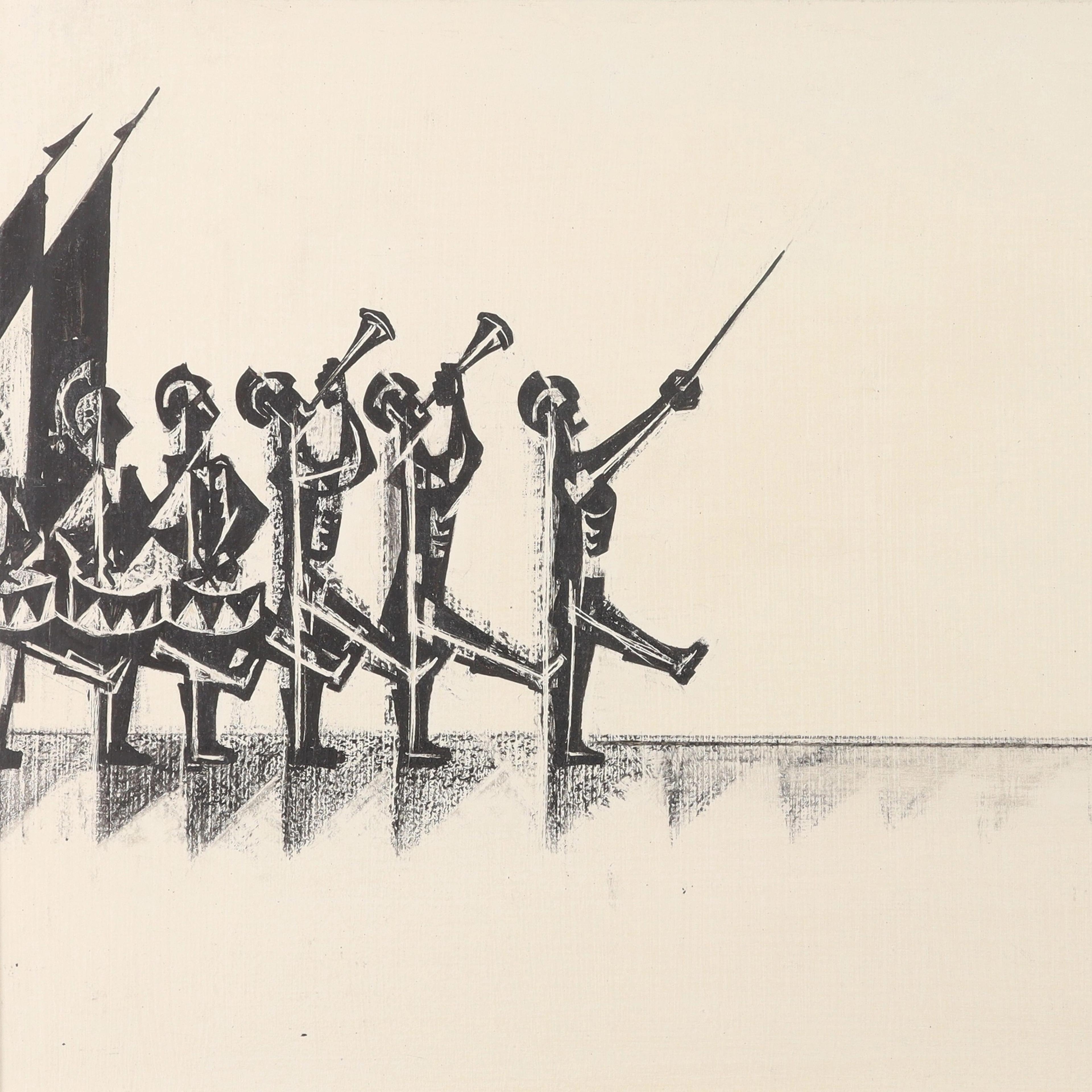 A black and white illustration of six stylized figures in a line, marching to the right. Four play trumpets, one has a drum, and one leads with a baton.