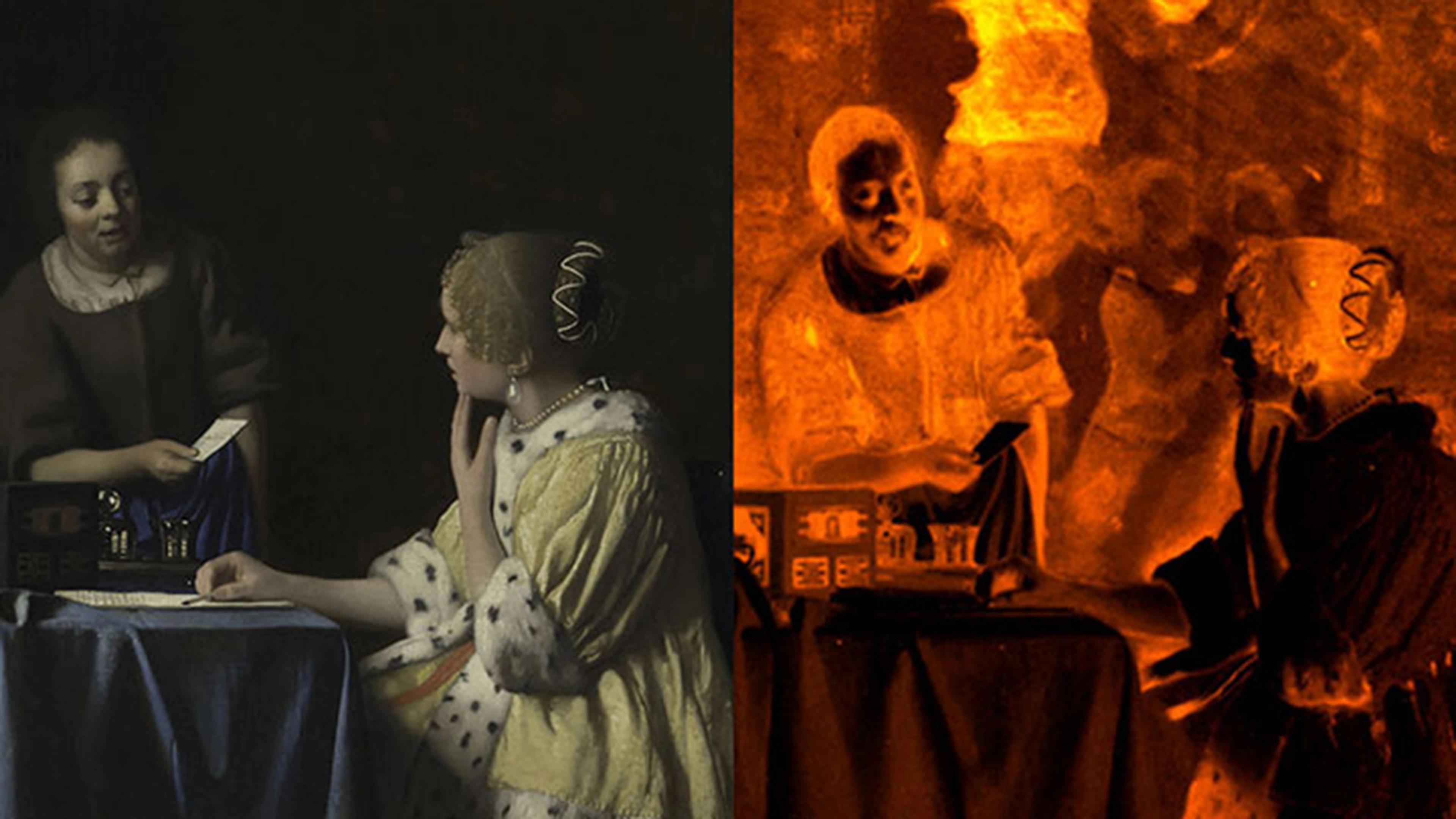 Vermeer's painting Mistress and Maid, and an X-ray image of the same painting