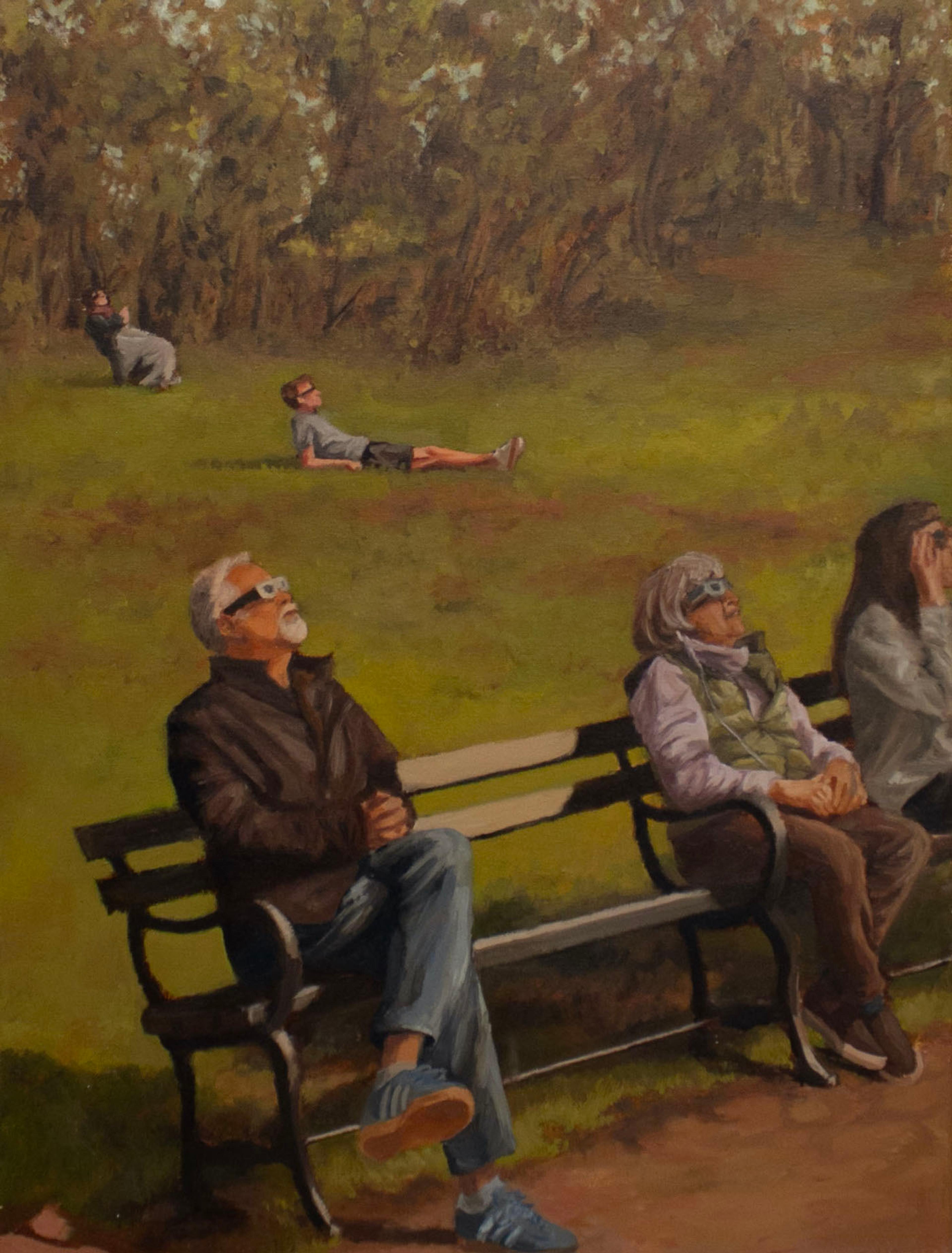 Oil on canvas painting of several people observing a full solar eclipse in Prospect Park, Brooklyn. All the people are wearing safety glasses and are looking upward and to the right. In the foreground, three people sit on a park bench: a gray haired white man at left, a gray haired woman at right, and further right and a partially cropped- out woman with long dark hair. In the distance, a young white male wearing short and a t- shirt reclines on the wide open lawn. Further back, another person appears to be sitting on a chair beneath a blanket. A line of trees is shown behind this seated person. The semi- dark lighting and high- contrast shadows in the painting are indicators of the eclipse conditions.