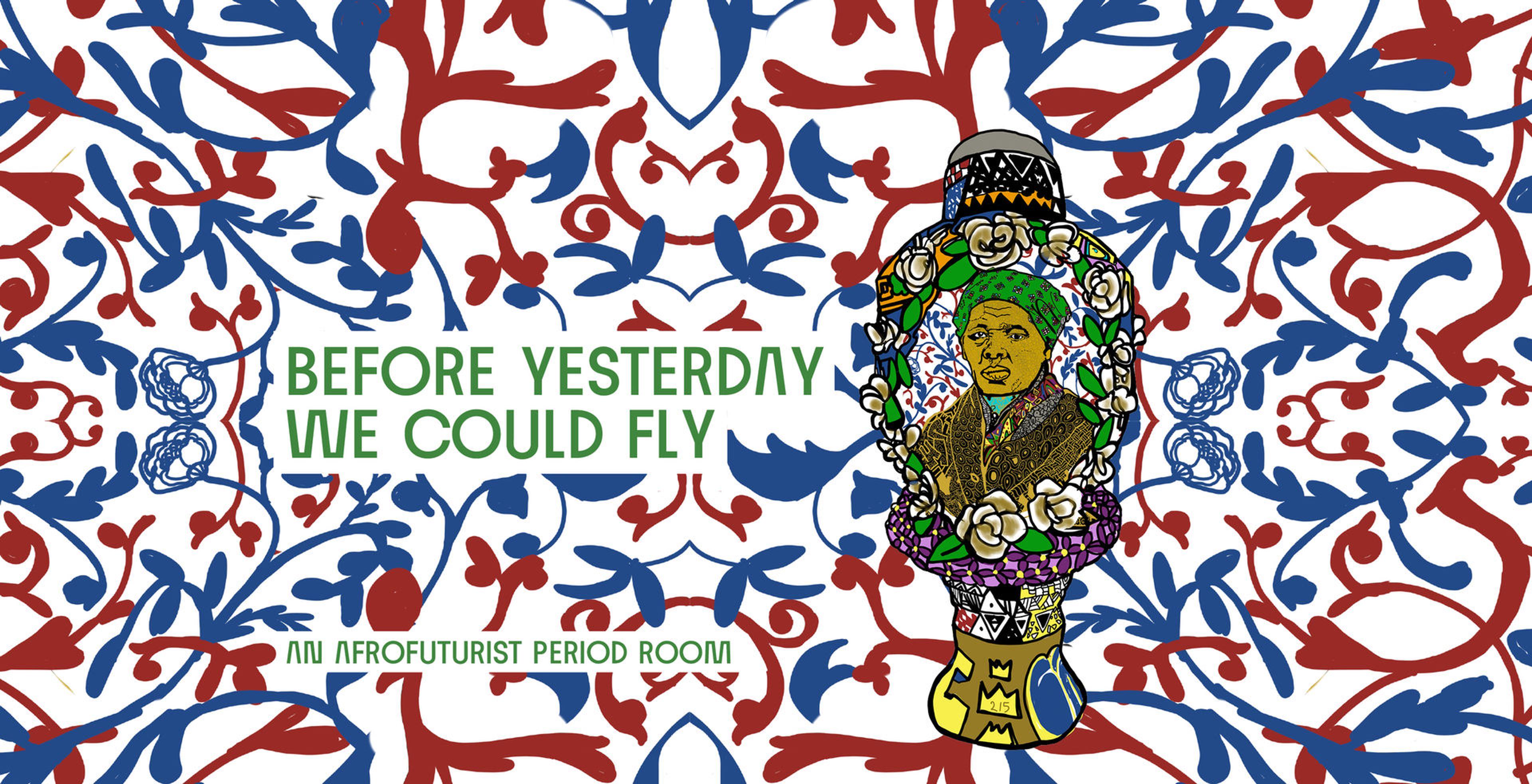 Afrofuturism graphic identity, red, blue, green pattern with image of African American woman
