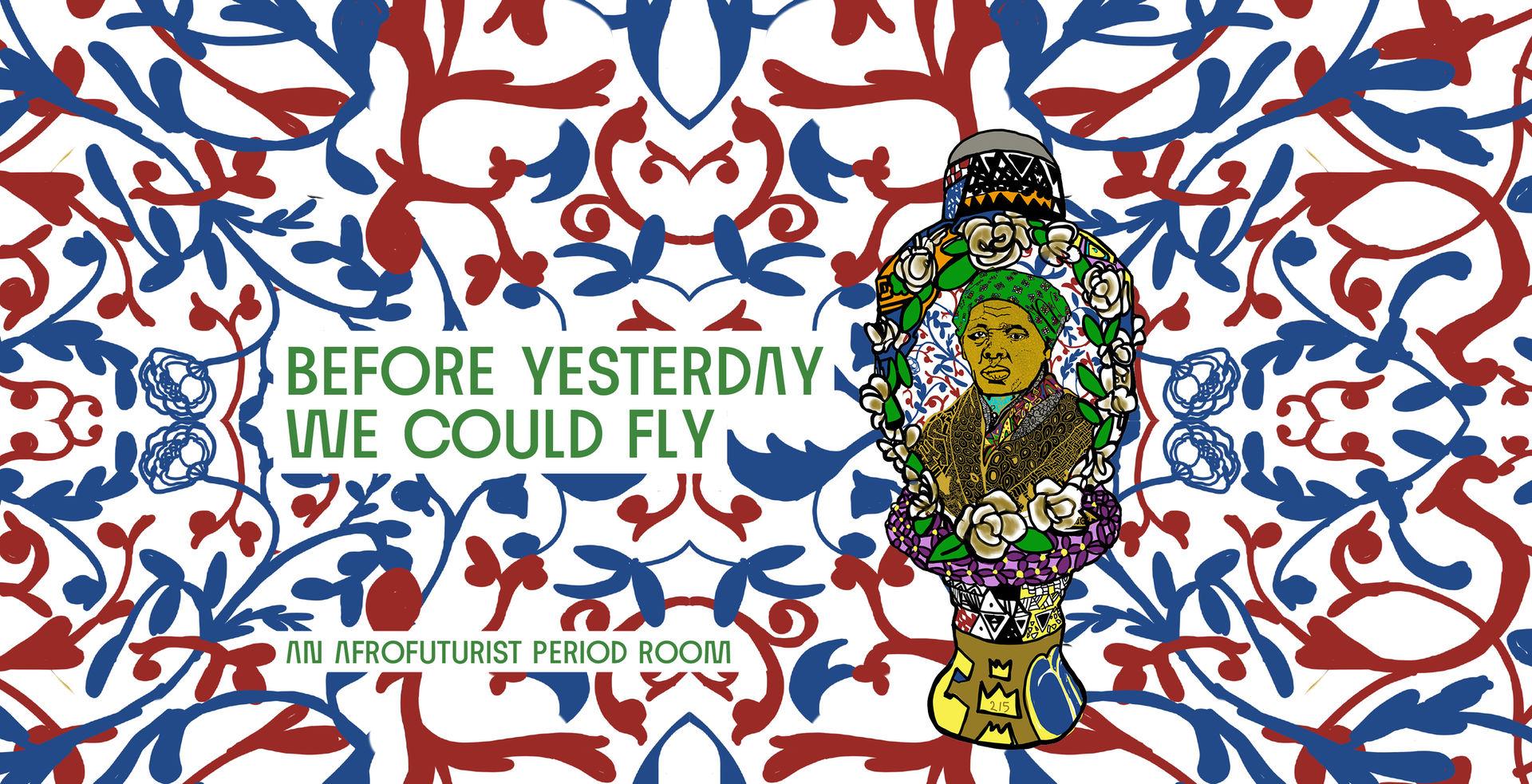 Afrofuturism graphic identity, red, blue, green pattern with image of African American woman