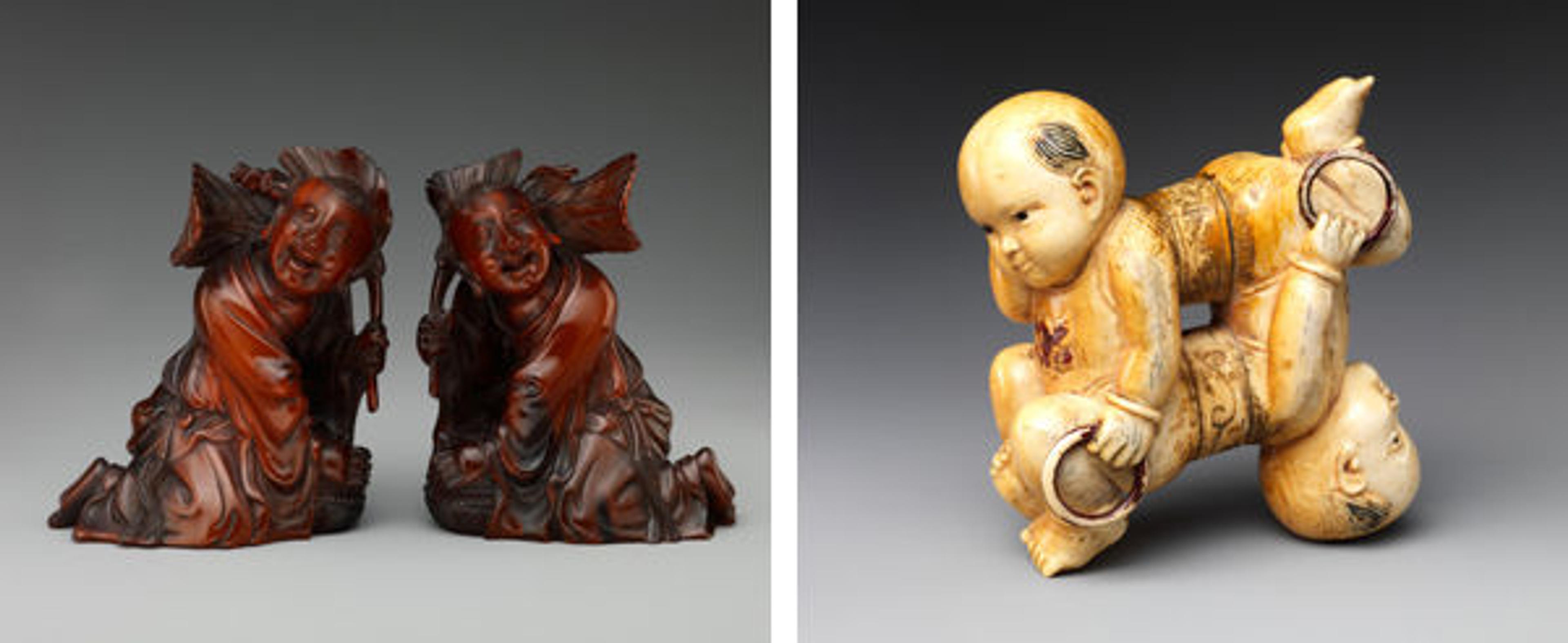 Left: Boys with Leaves and Boxes. China, Qing dynasty (1644–1911), 19th century; Right: Twin Boys. China, Qing dynasty (1644–1911), 18th century