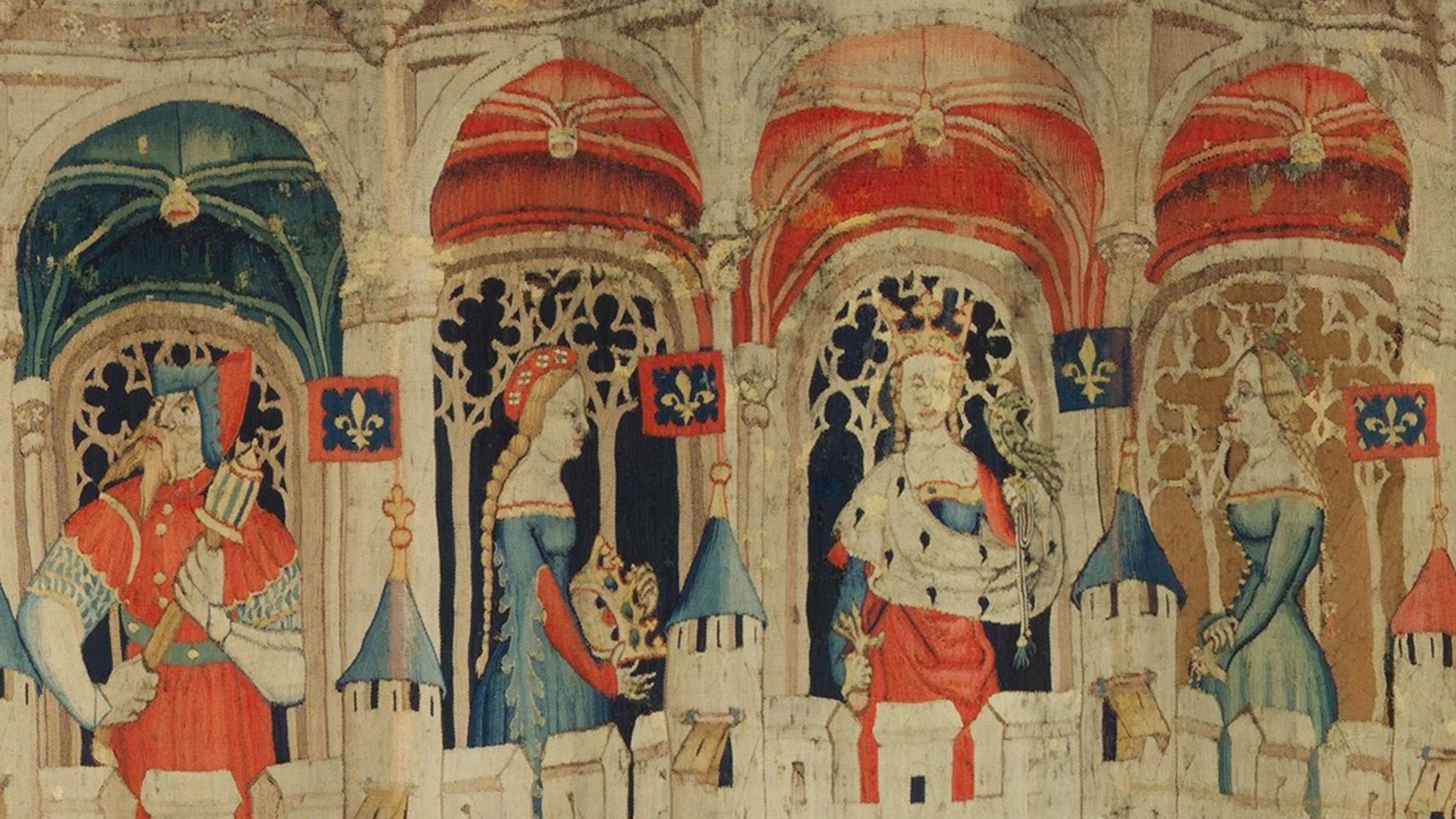 Photograph of a beige tapestry with archways depicting saints, hung over a wooden door