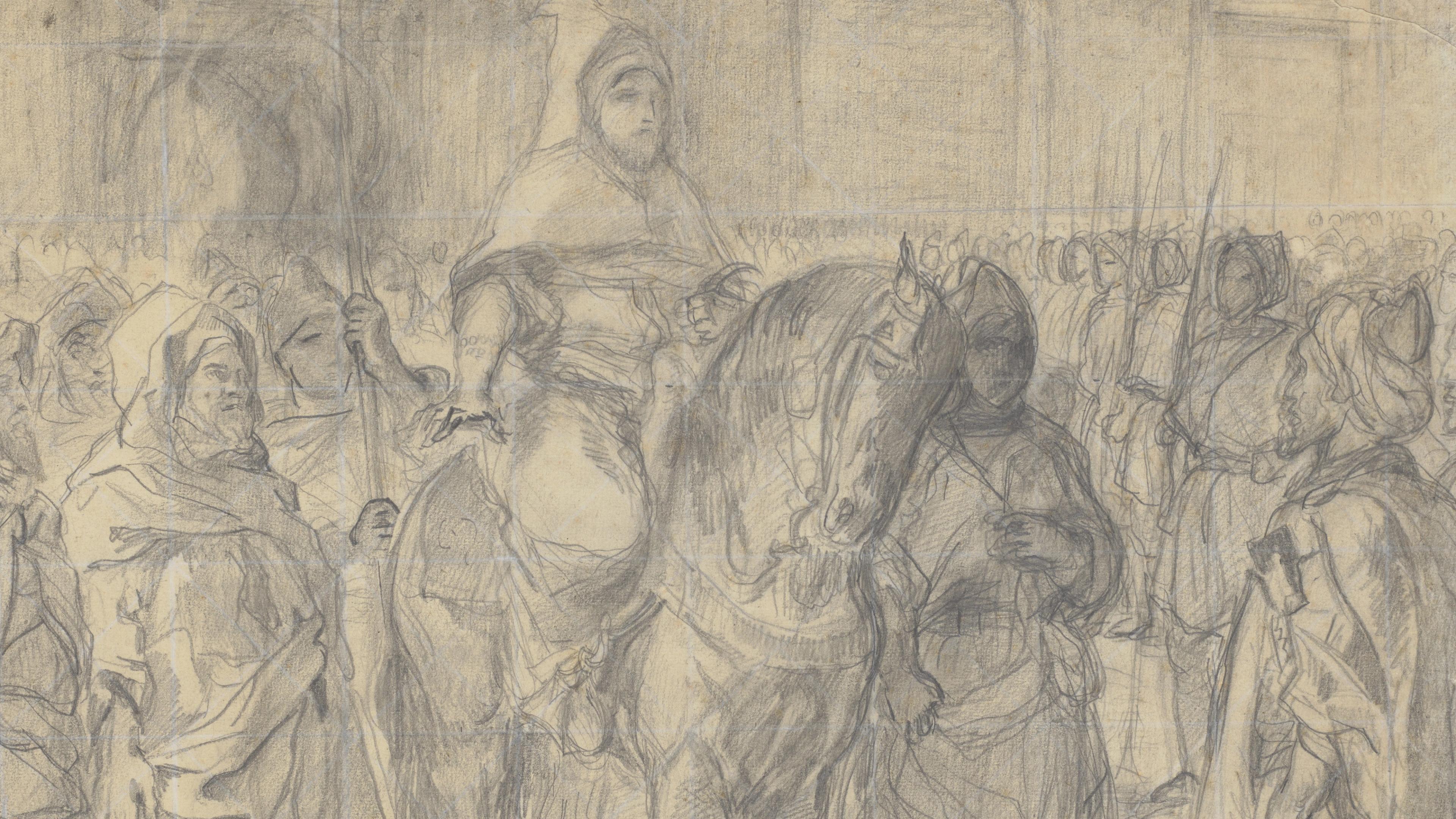 A pencil drawing of a man on horseback surrounded by a crowd of people.
