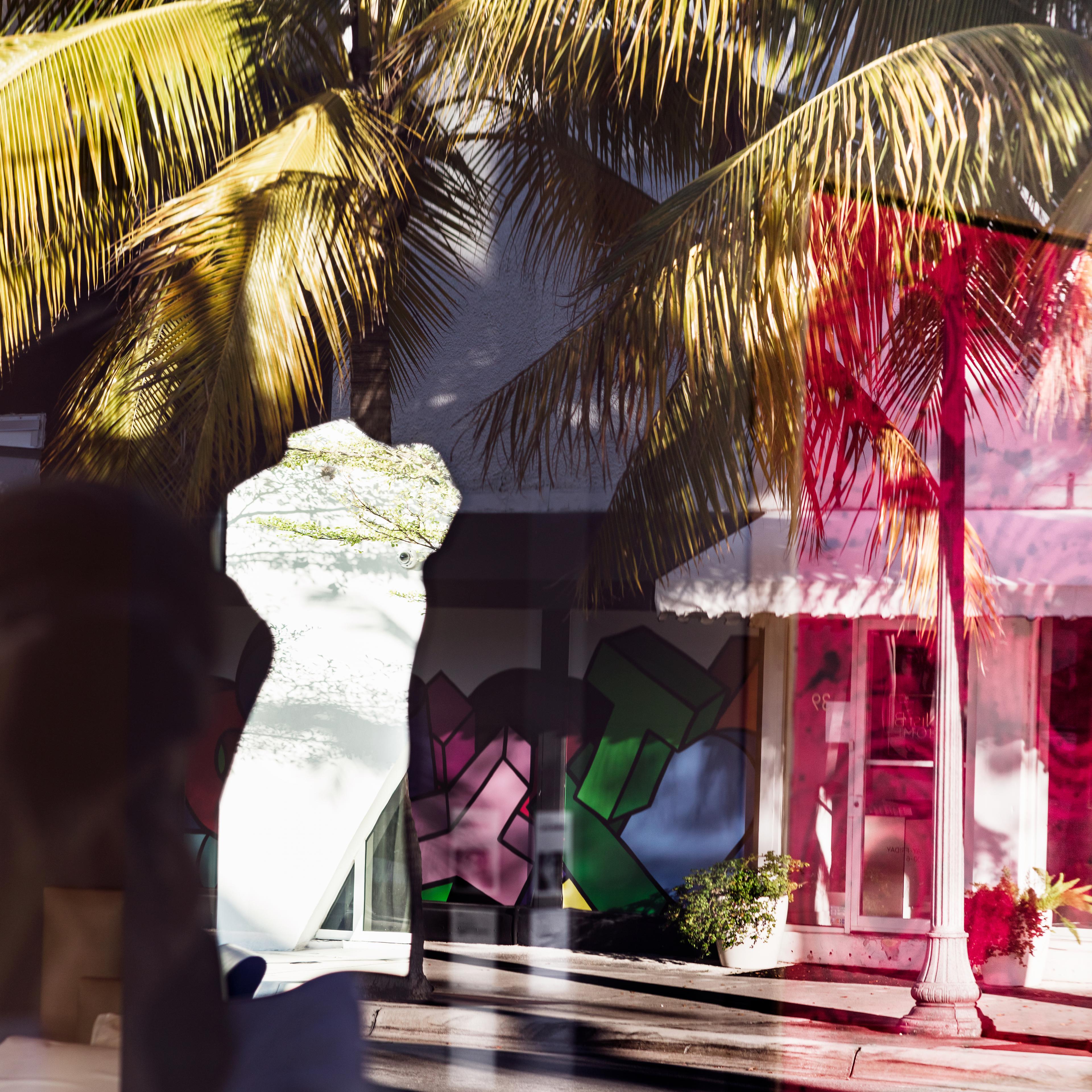 Collage image, of two store fronts on the right side of the image, on the right there is a silhouette shaped crop, along with palm trees overshadowing the back.  