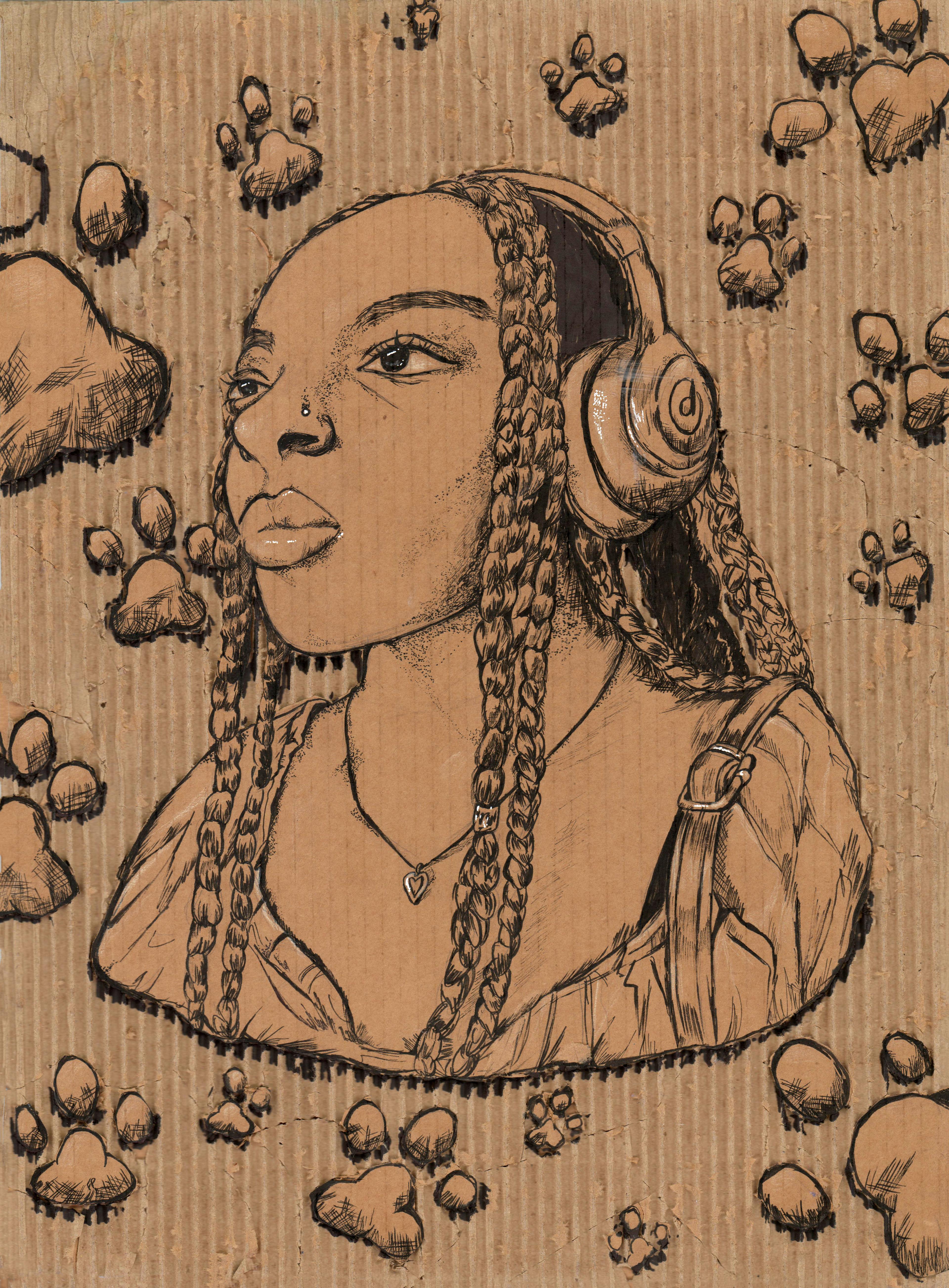 Image on light brown corrugated cardboard of a head-and-shoulders portrait of an adolescent girl created with Sharpie, Micron pen, and gel pen. She faces slightly to the left and has long braids that extend down to her chest. She wears a large set of headphones, a blouse, a small necklace with a heart-shaped pendant, and a strap for a bag that hangs from her left shoulder. The portrait is surrounded by numerous stylized convex imprints of paw prints from a cat.