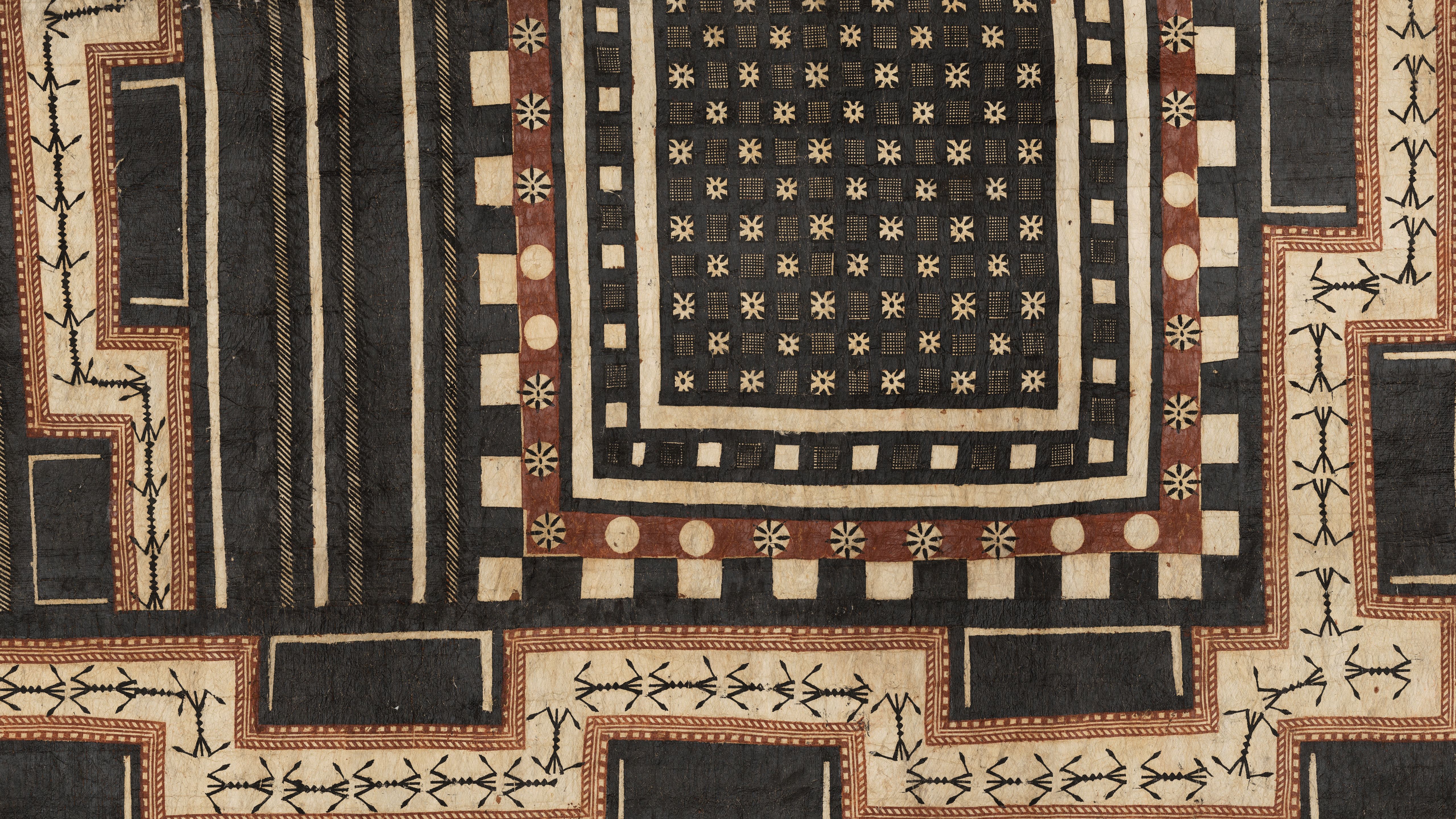 Geometric textile pattern with layered black, cream, and rust-red borders, tiny floral motifs, and stepped shapes; intricate, handcrafted design.