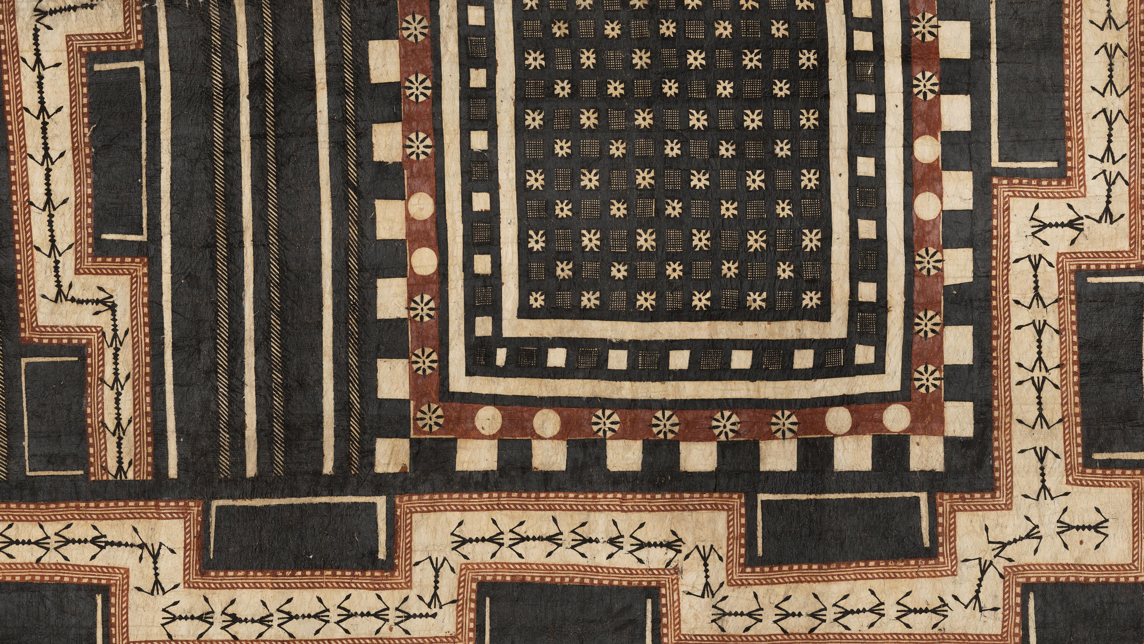 Geometric textile pattern with layered black, cream, and rust-red borders, tiny floral motifs, and stepped shapes; intricate, handcrafted design.