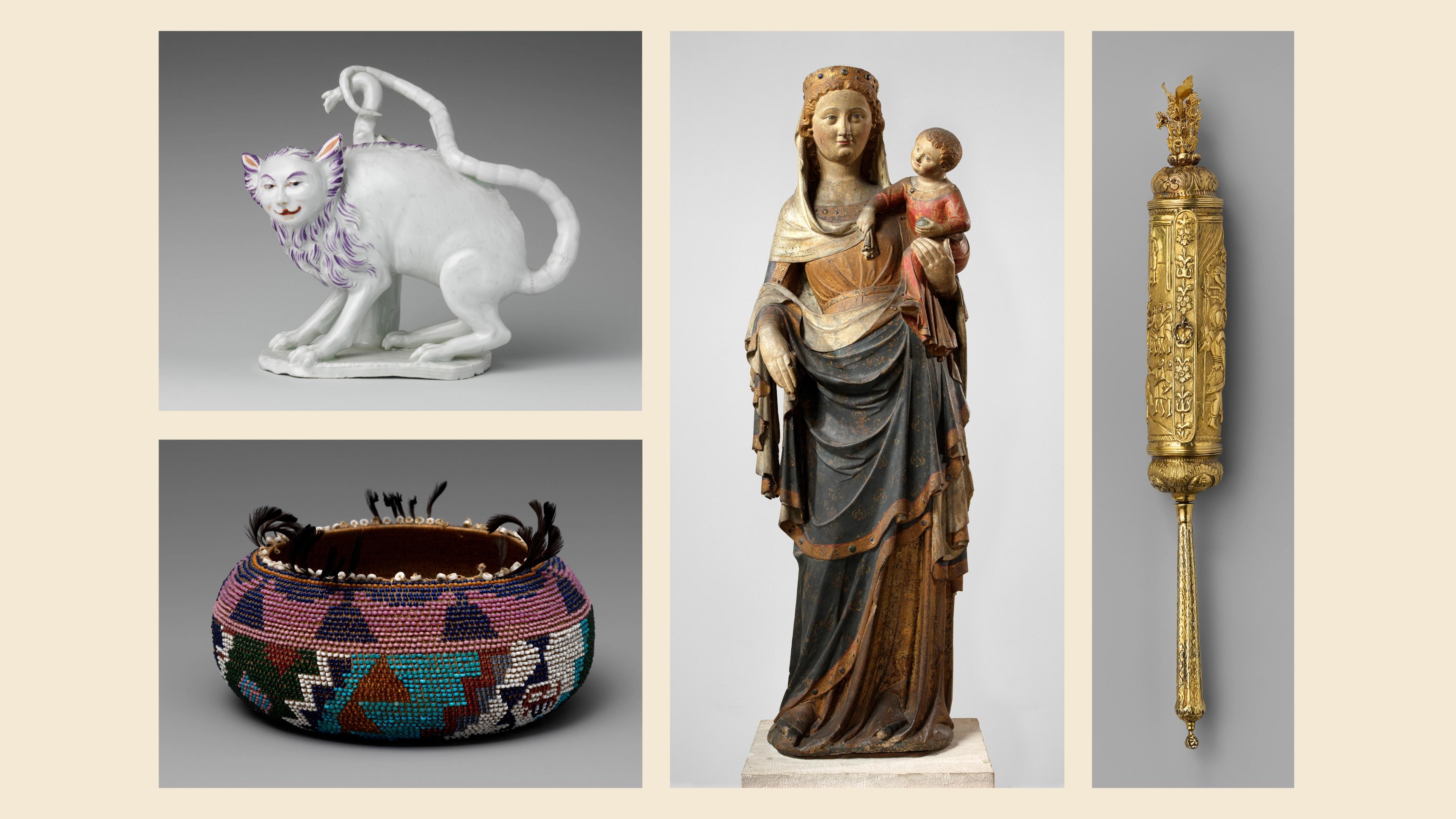 collage of four images at top left a porcelain cat like figure at bottom left a woven basket at center a sculpture of the virgin mary and child and at right a golden scroll