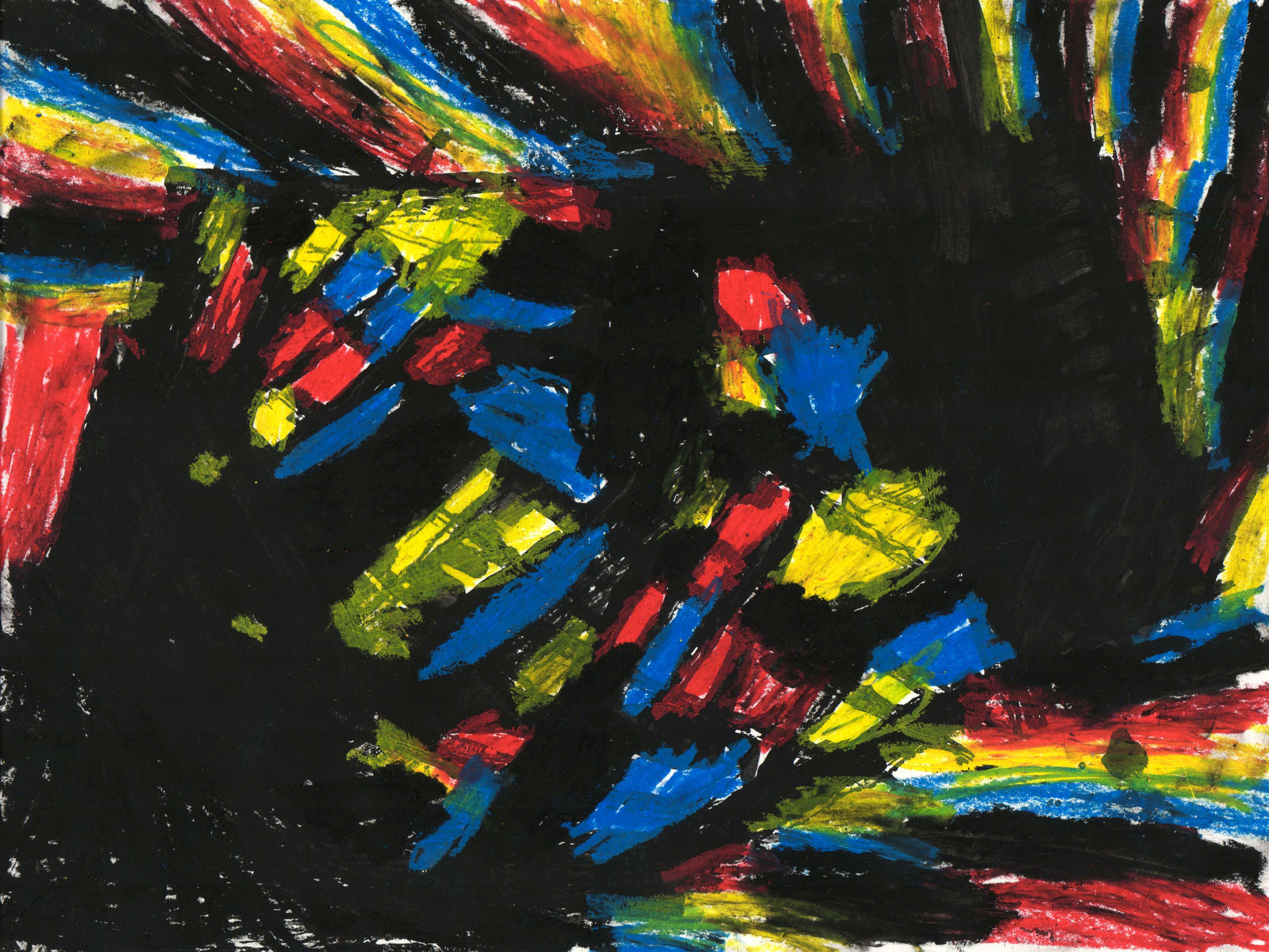 Abstract illustration created with oil pastel and tempera showing heavy black regions of tempera interspersed with crisscrossed blue, red, and yellow strokes of bright oil pastels.